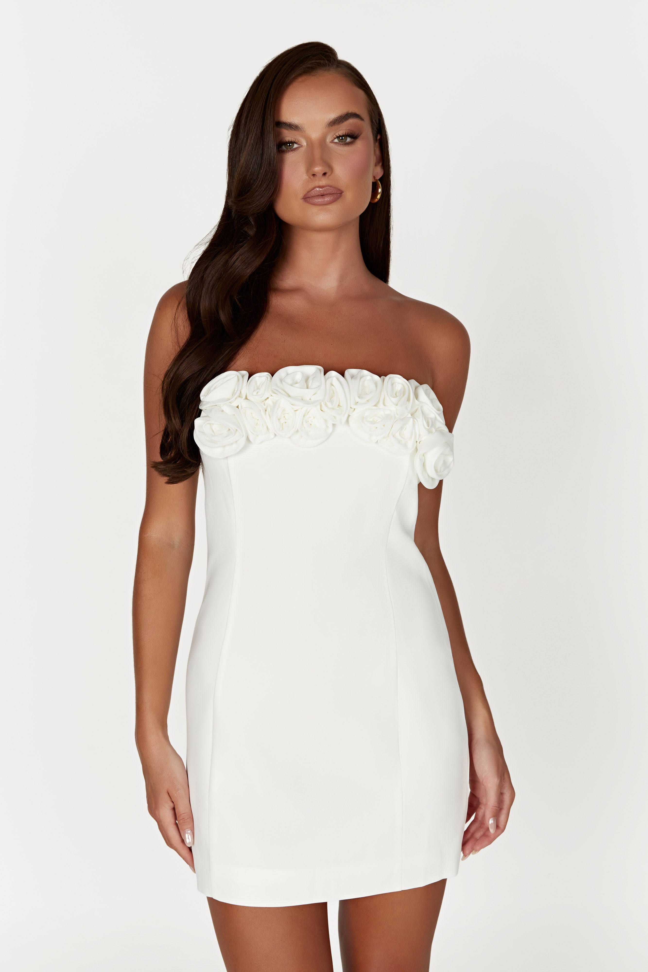 Strapless Rose Mini Dress with Floral Detail | Brooks White