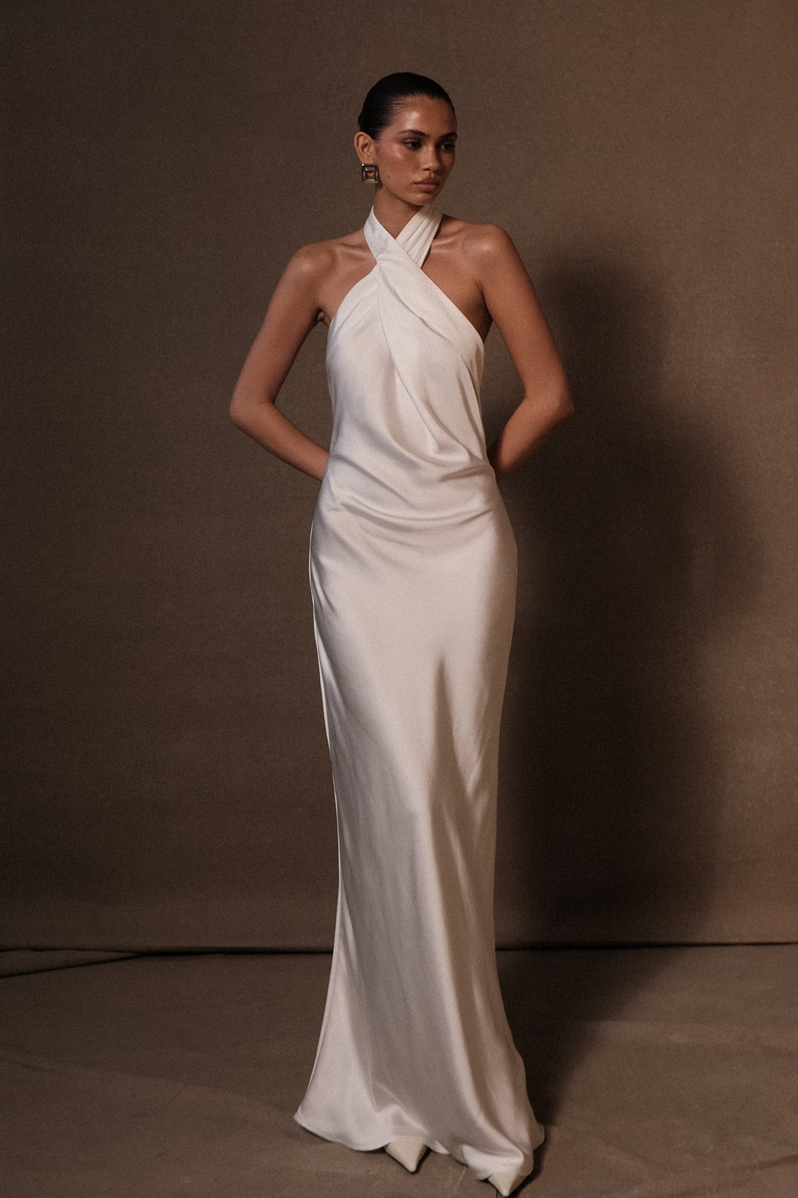 White Satin Halter Gown with Scooped Back | Laura