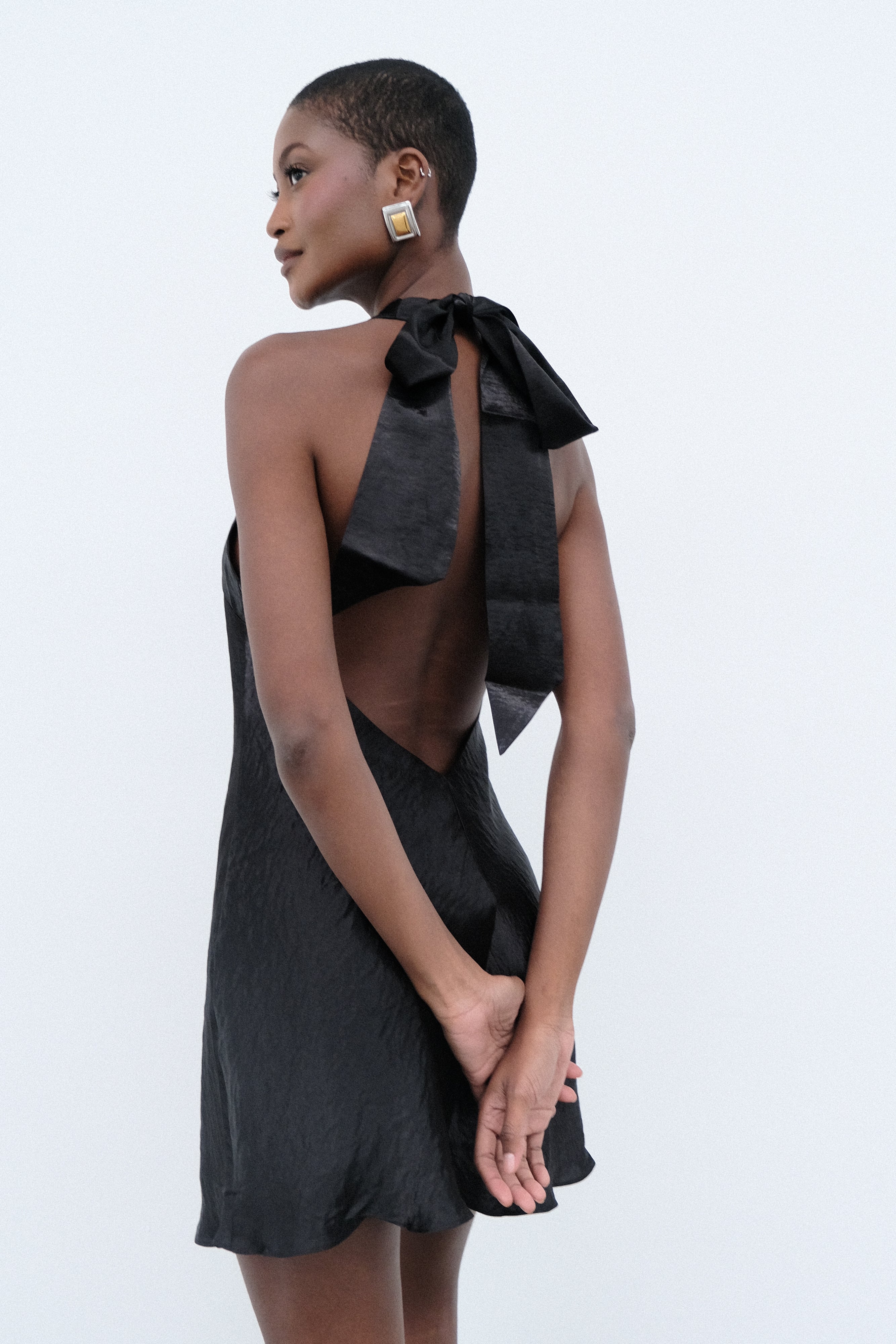 Black Halter Mini Dress with Bow Detail | Cartia Satin Dress