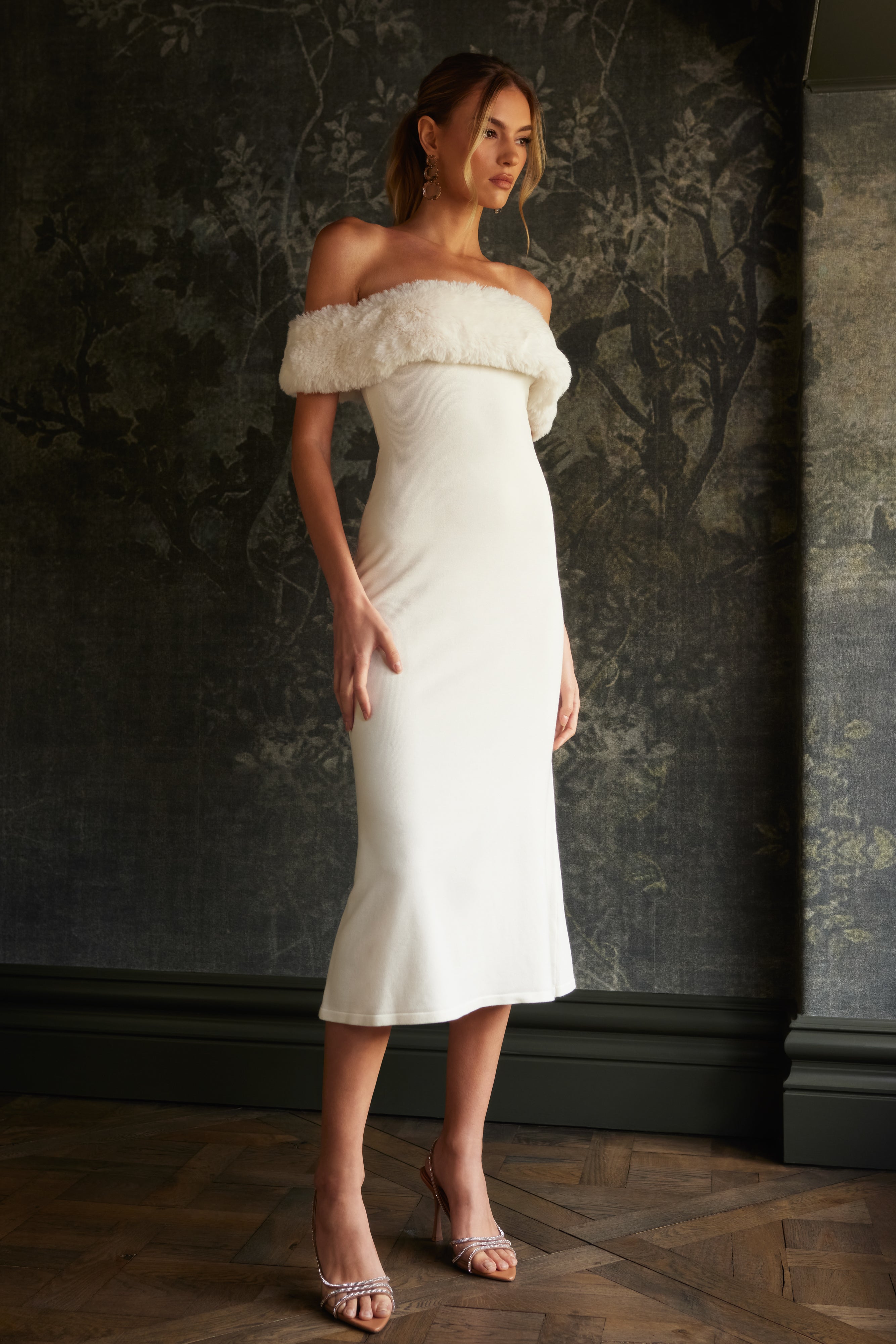 Off Shoulder Knit Dress with Faux Fur Trim | Angelica Midi Dress