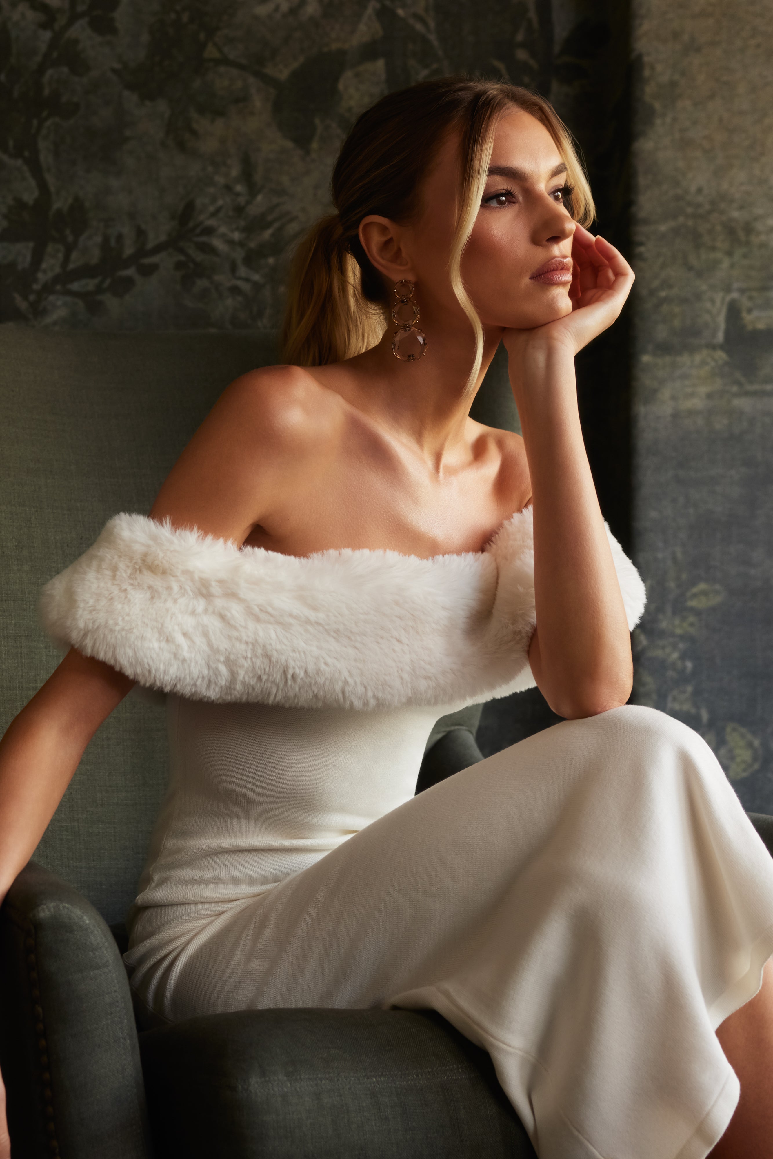 Off Shoulder Knit Dress with Faux Fur Trim | Angelica Midi Dress