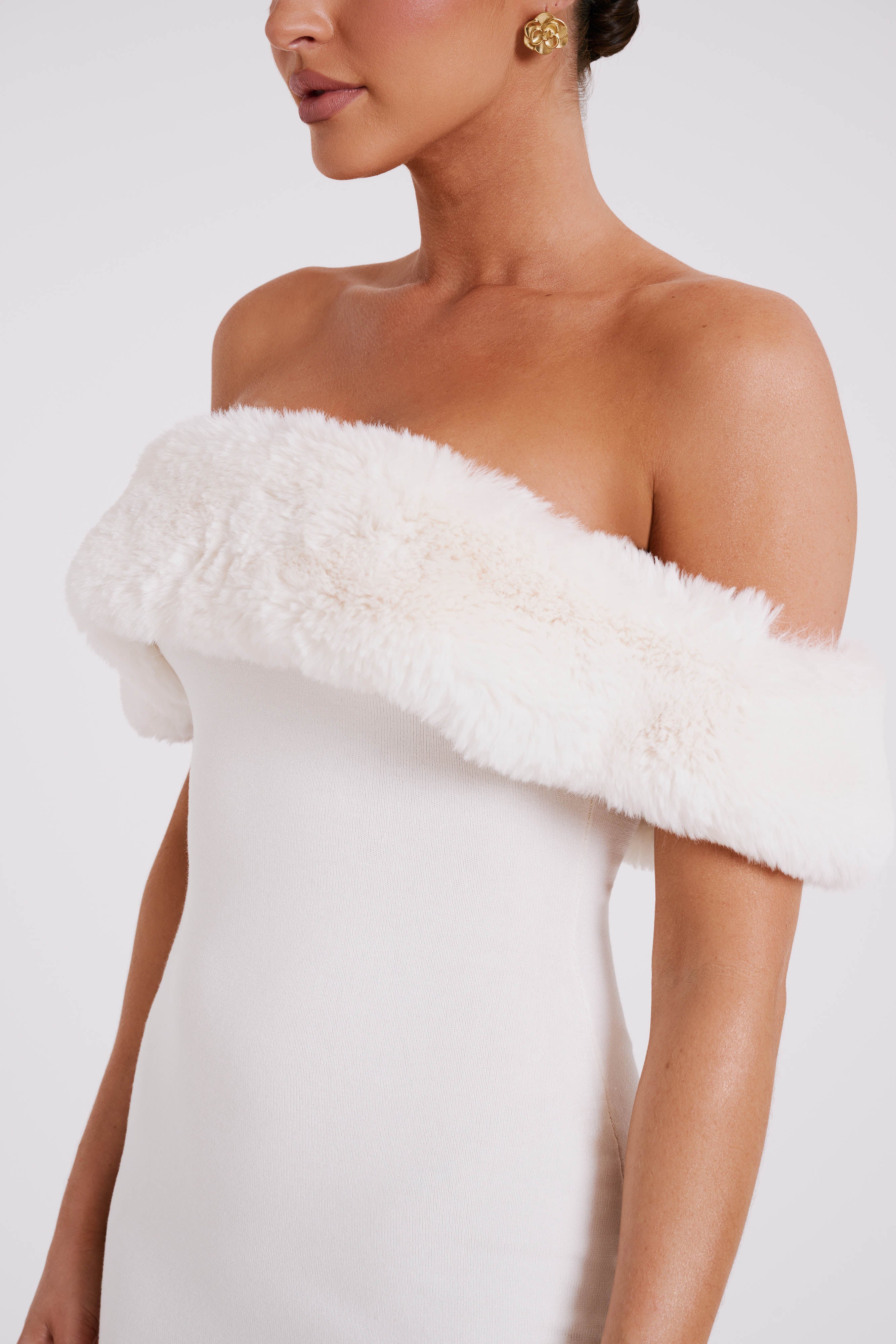 Off Shoulder Knit Dress with Faux Fur Trim | Angelica Midi Dress