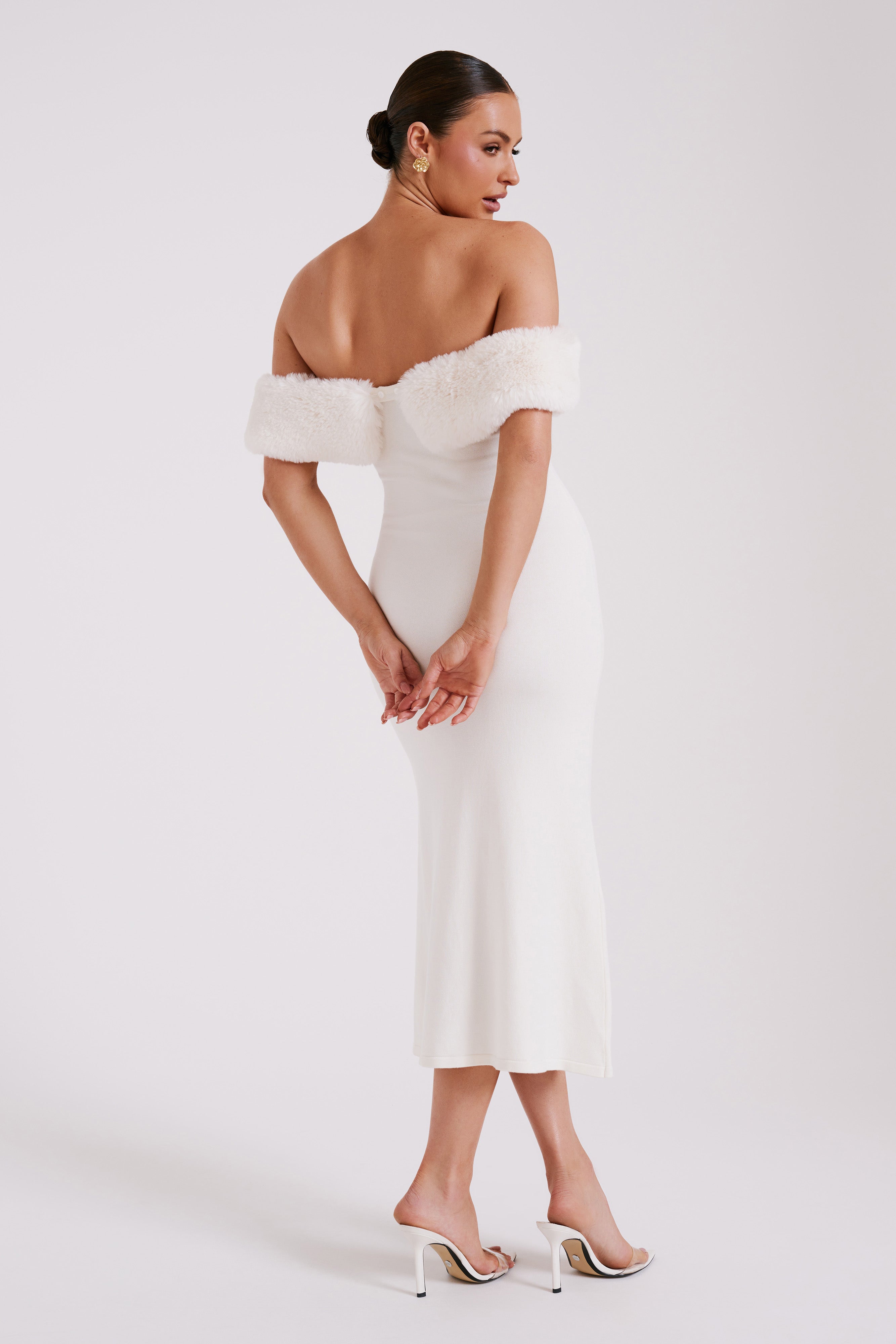 Off Shoulder Knit Dress with Faux Fur Trim | Angelica Midi Dress