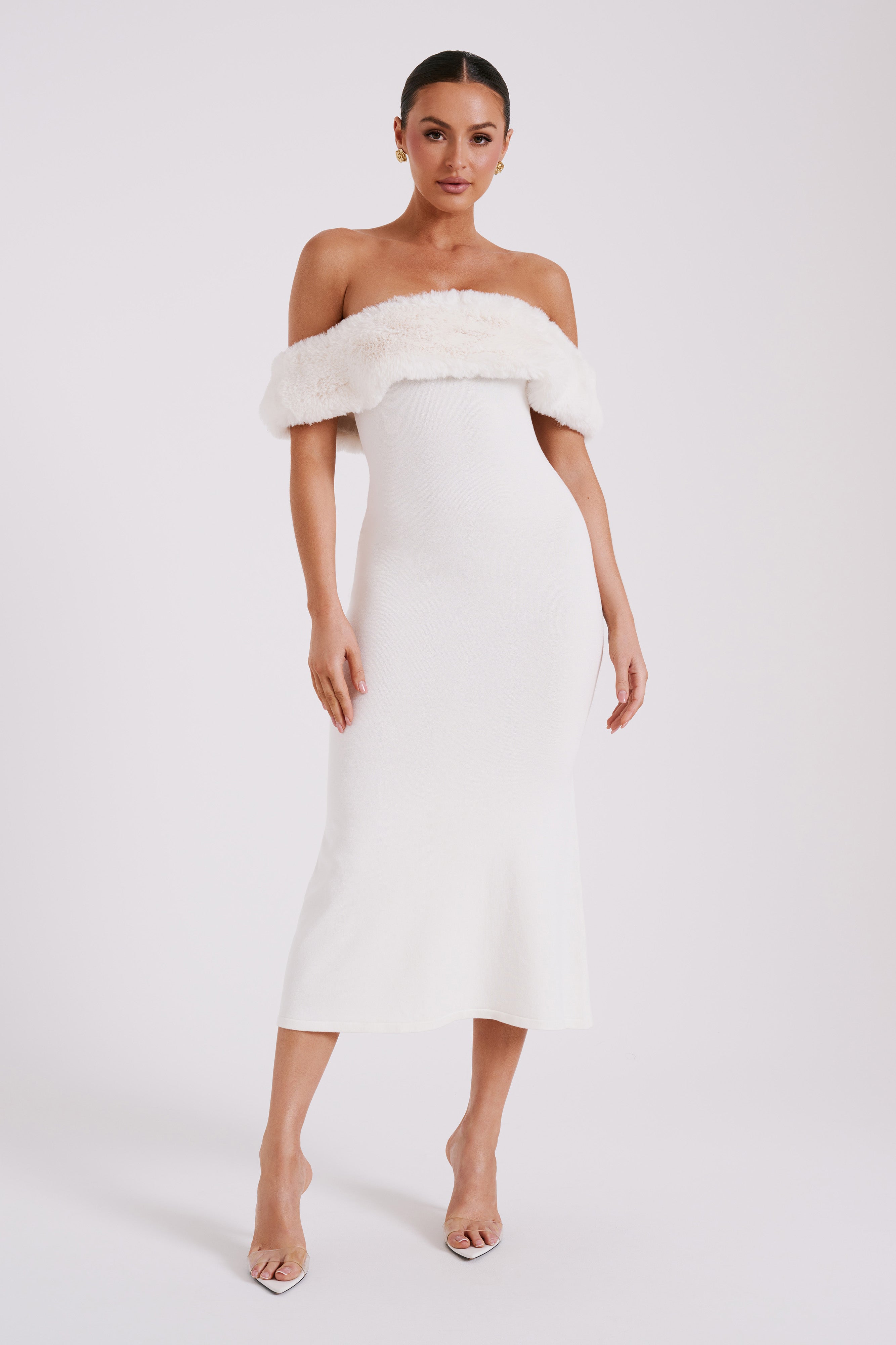 Off Shoulder Knit Dress with Faux Fur Trim | Angelica Midi Dress