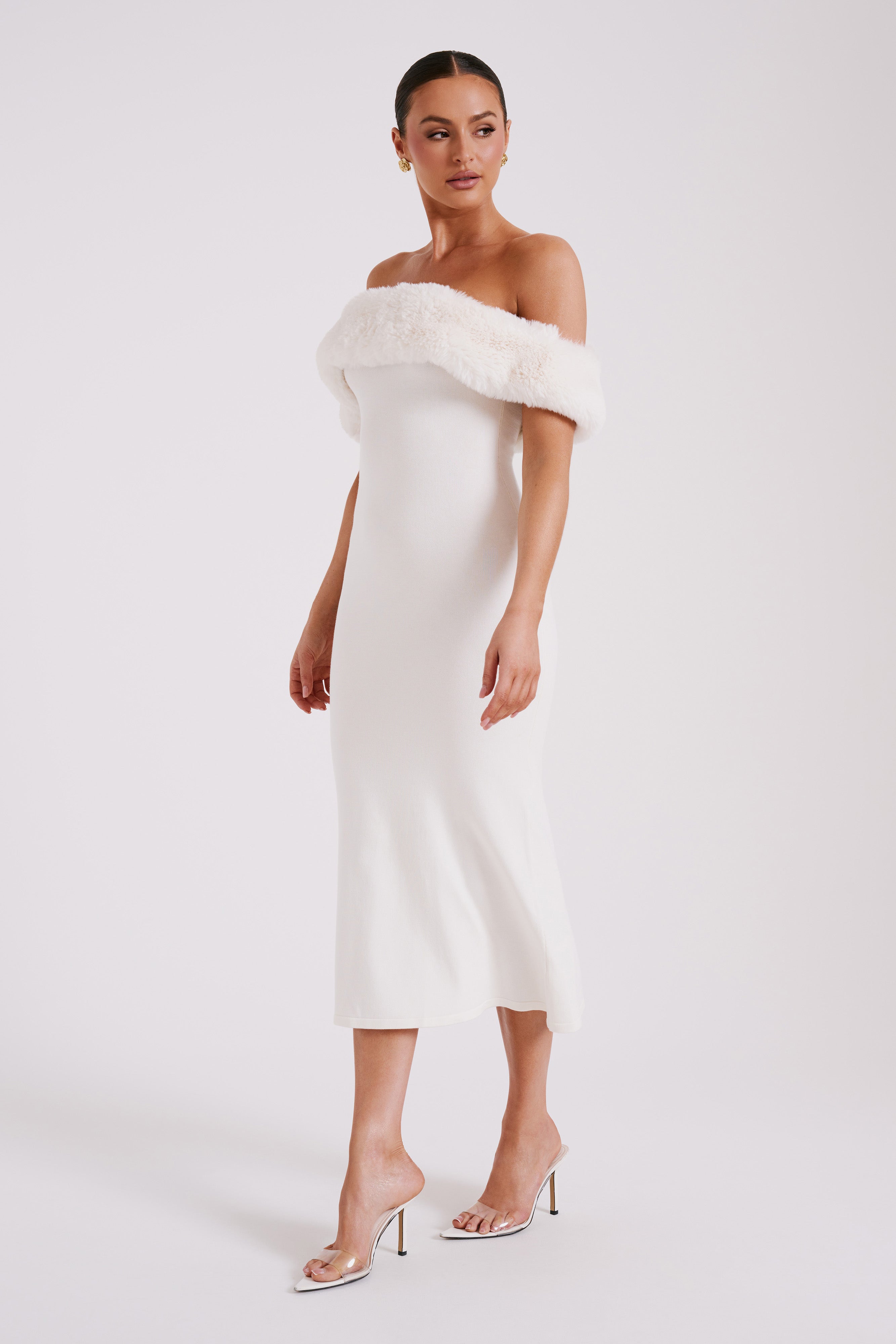 Off Shoulder Knit Dress with Faux Fur Trim | Angelica Midi Dress