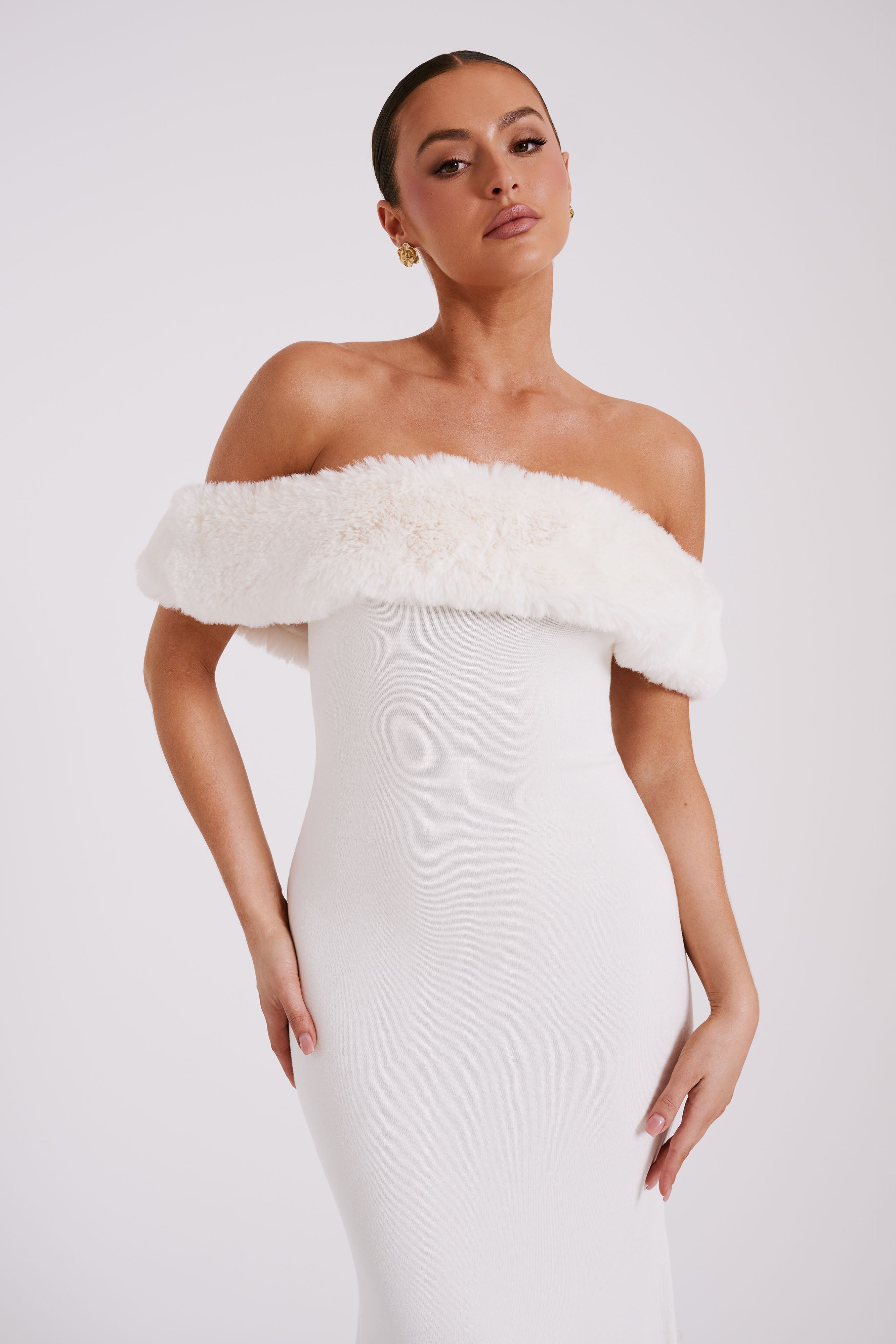 Off Shoulder Knit Dress with Faux Fur Trim | Angelica Midi Dress