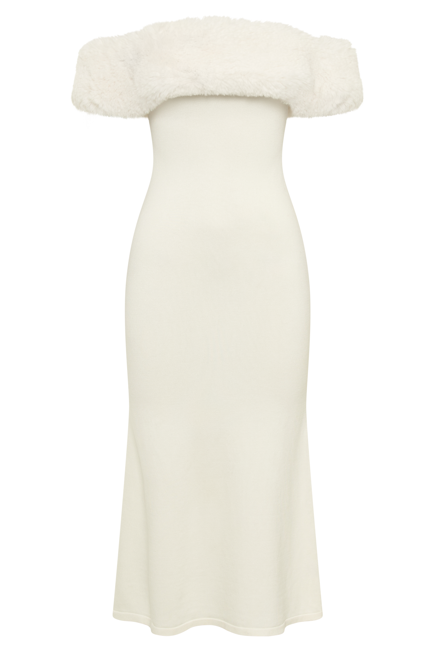 Off Shoulder Knit Dress with Faux Fur Trim | Angelica Midi Dress