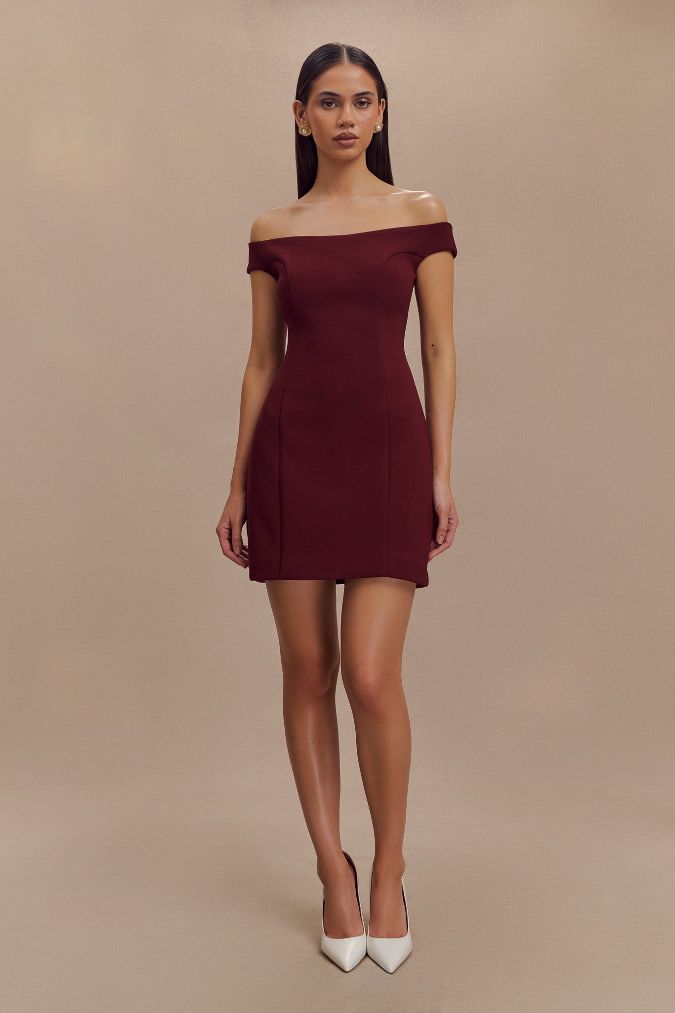 Off Shoulder Mini Dress in Stretch Crepe with Back Zip | Cassidy