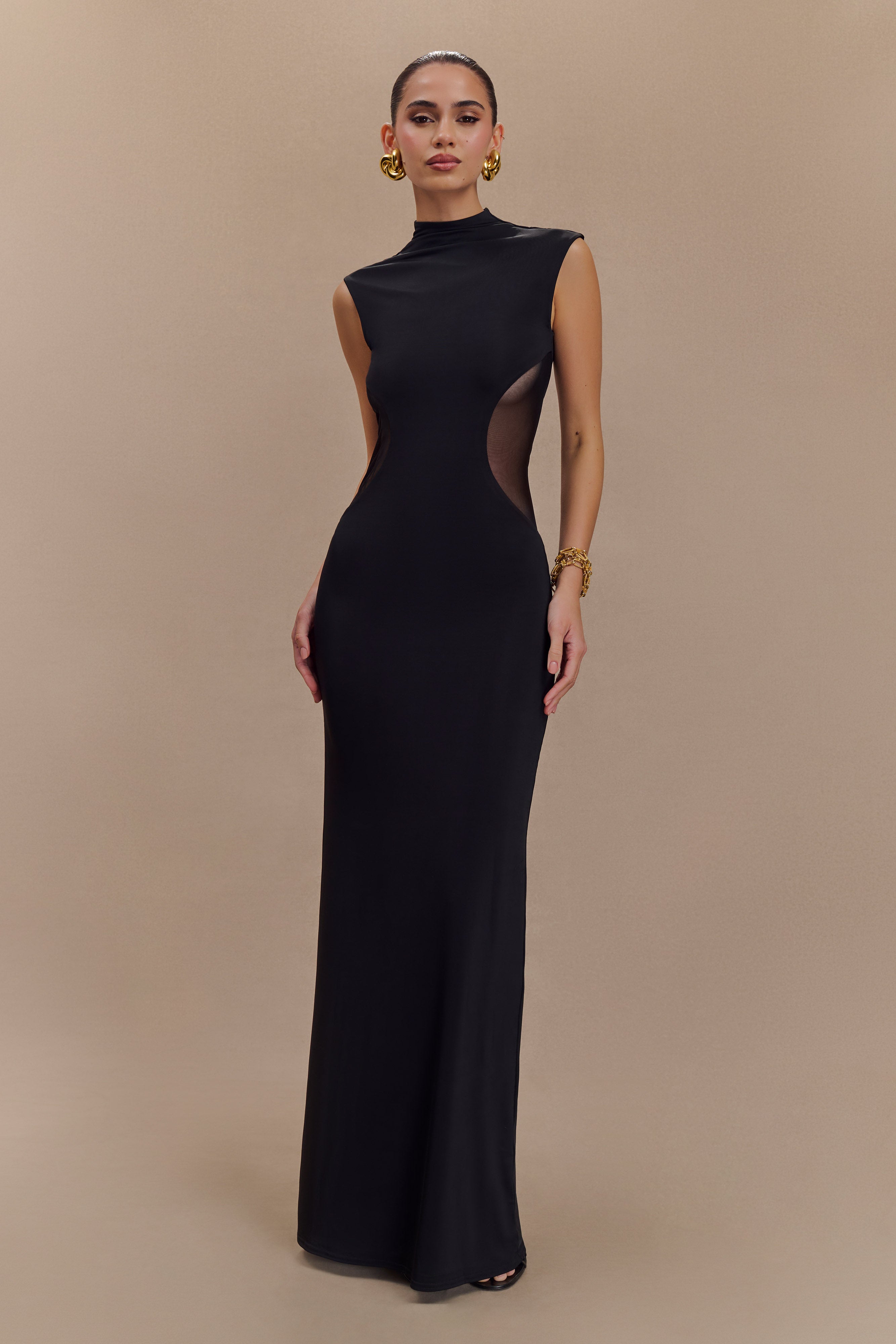 Bodycon Maxi Dress with Mesh Panels & Lining | Massie Black
