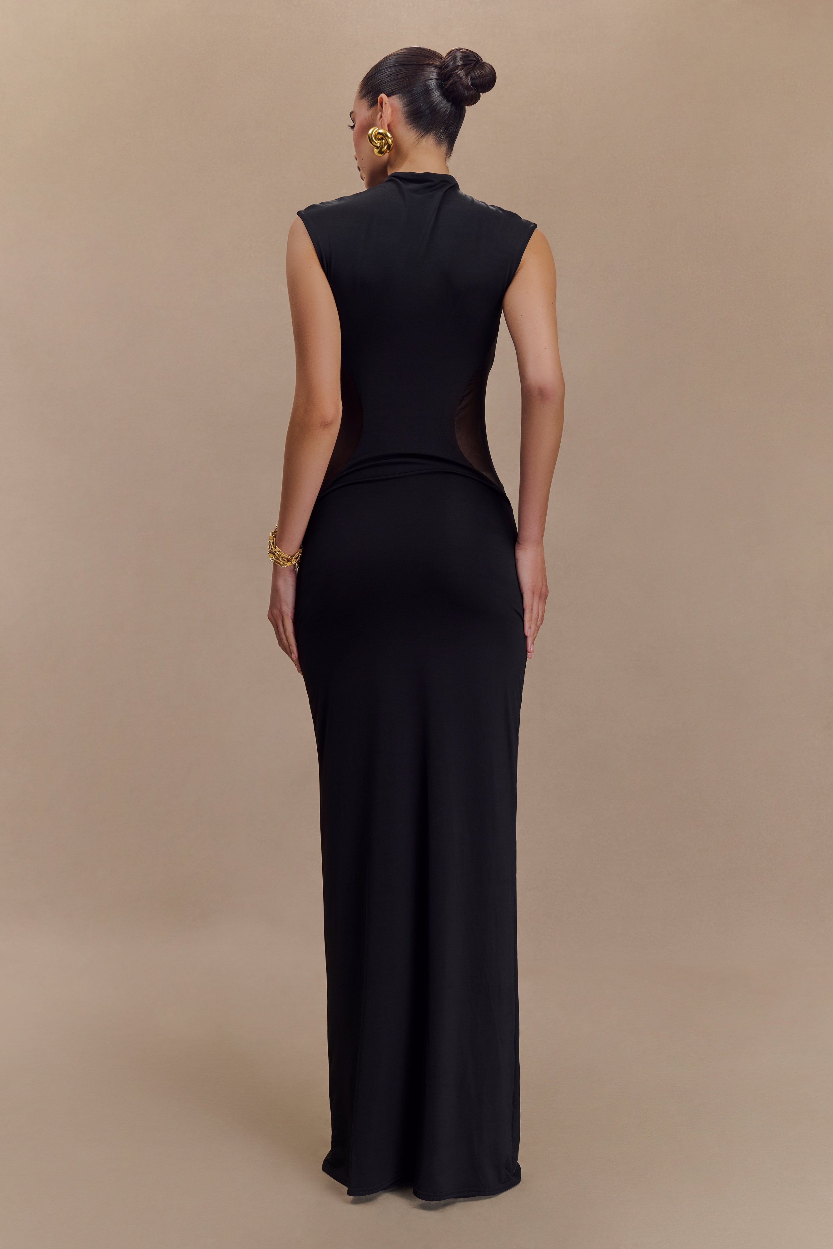 Bodycon Maxi Dress with Mesh Panels & Lining | Massie Black