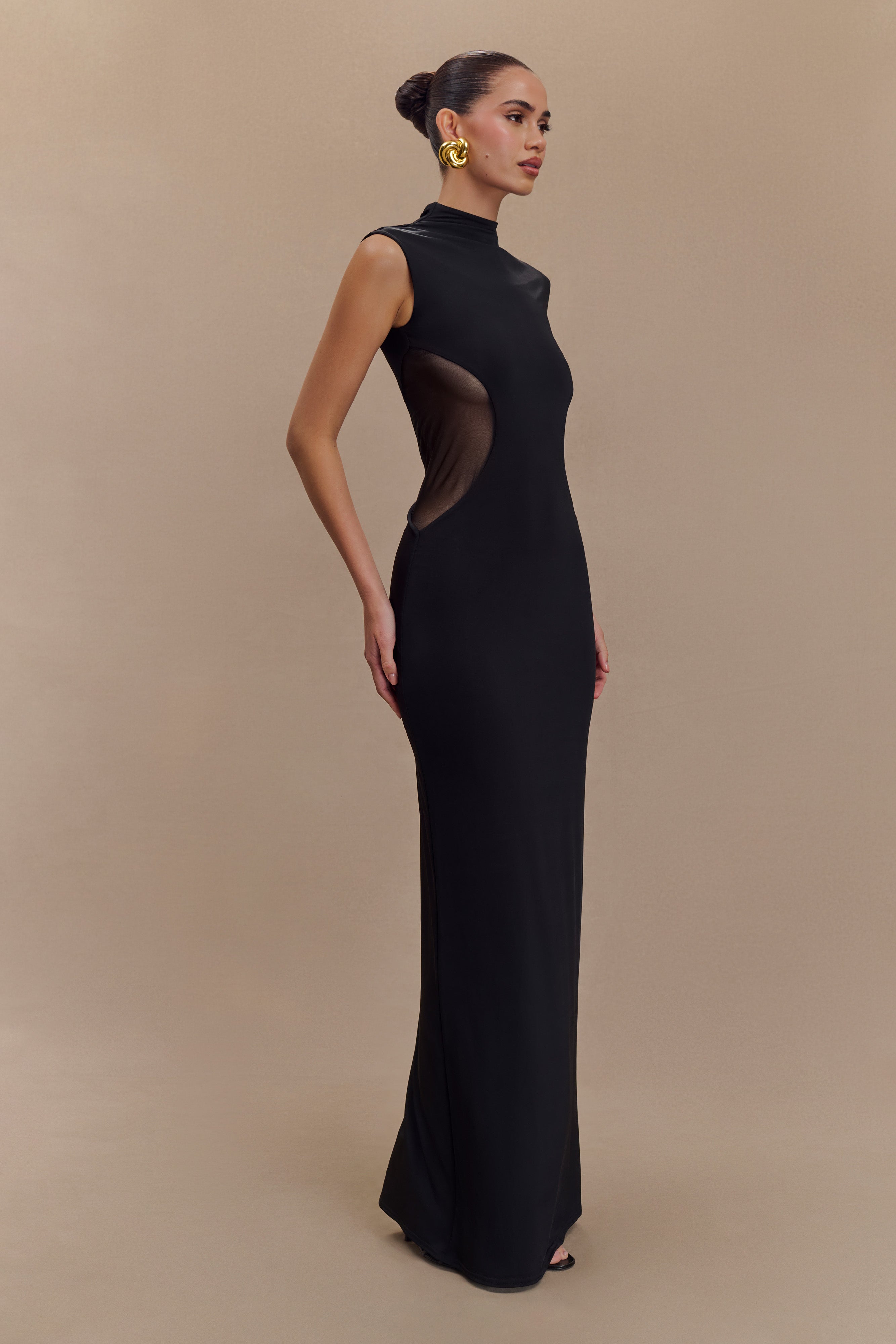 Bodycon Maxi Dress with Mesh Panels & Lining | Massie Black