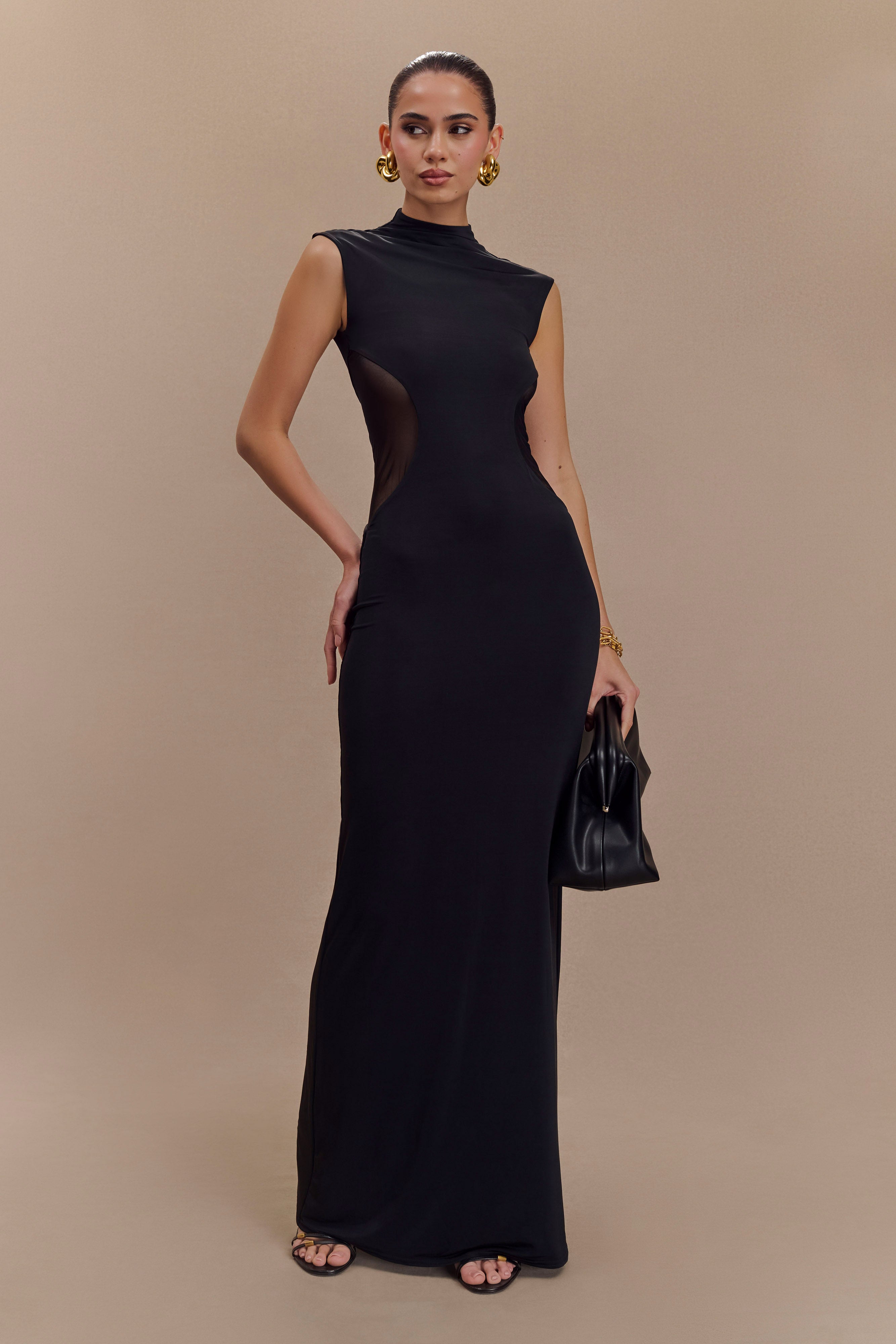 Bodycon Maxi Dress with Mesh Panels & Lining | Massie Black