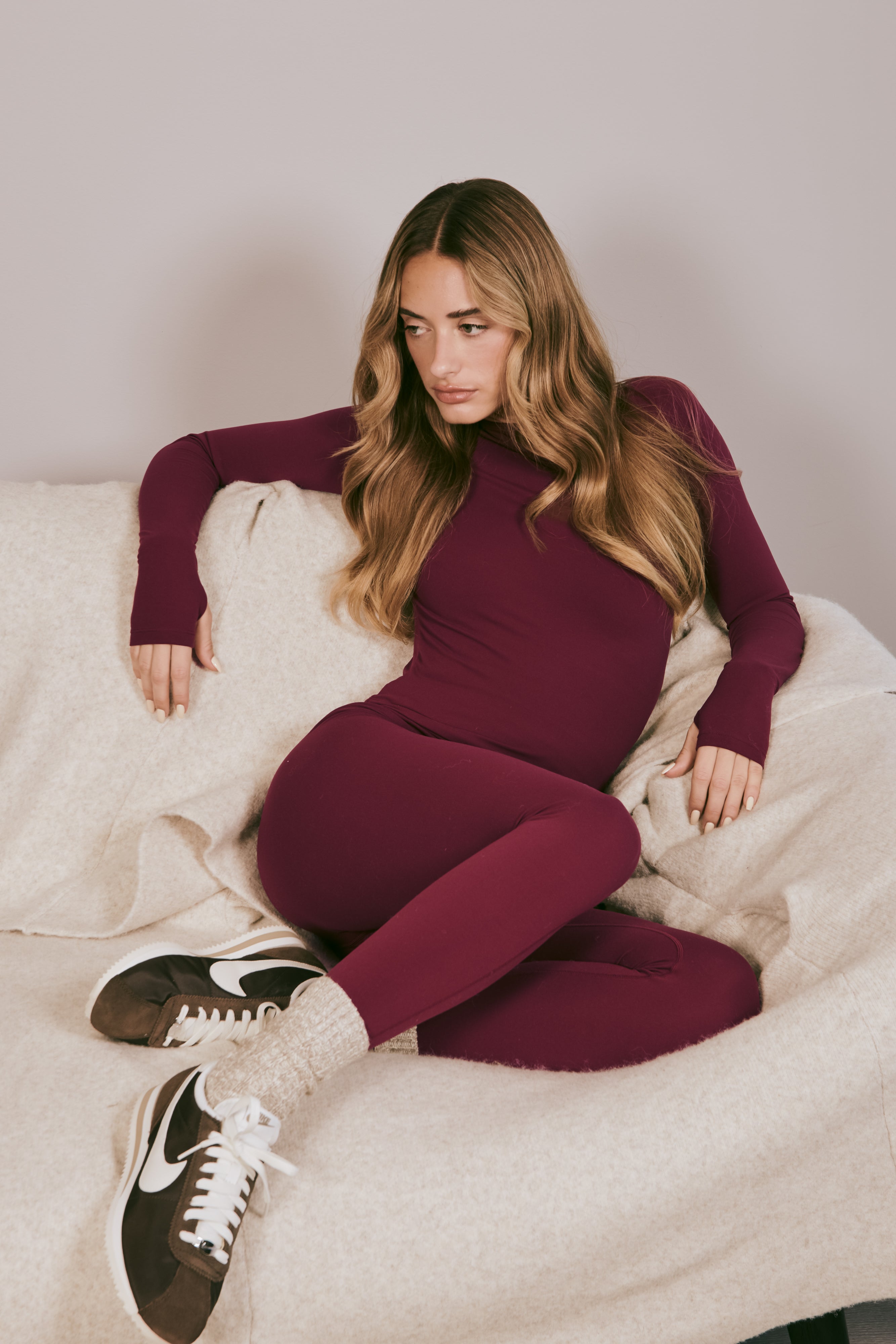 Long Sleeve Active Top for Women - Burgundy Workout Shirt | Eliana