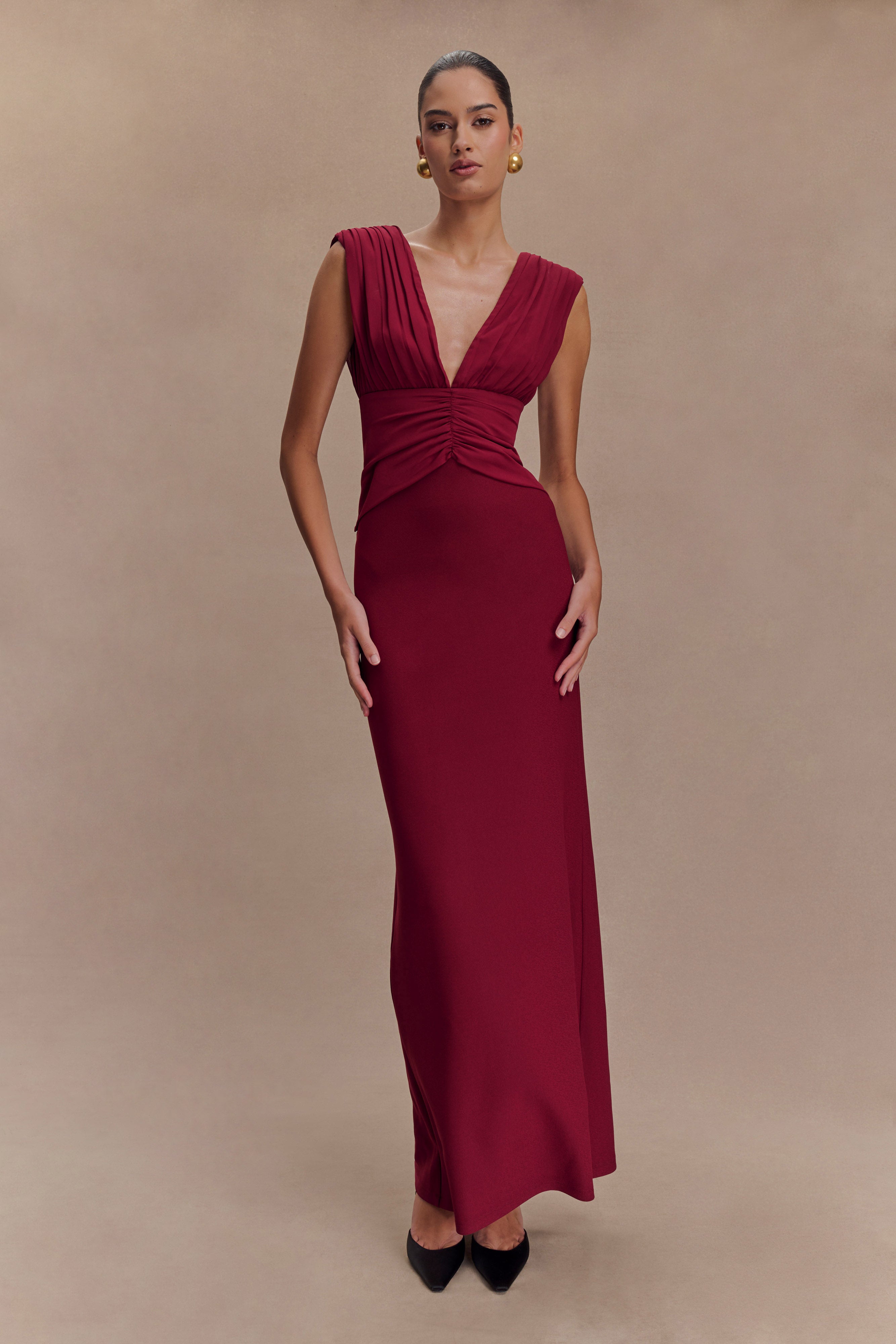 Elegant V-Neck Maxi Dress with Chiffon Overlay | Monique Plum