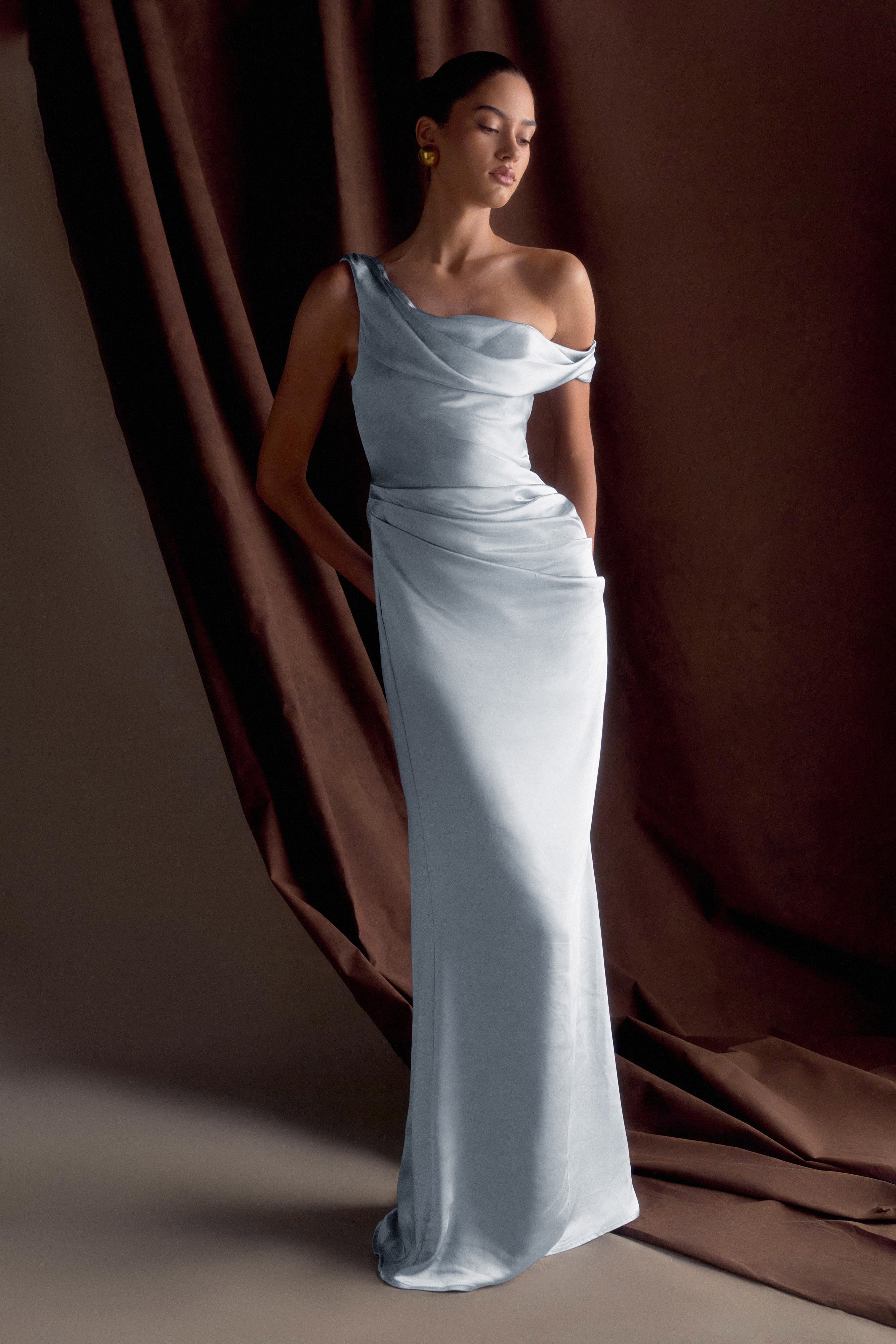 Off Shoulder Satin Maxi Dress with Boned Bodice | Dalia
