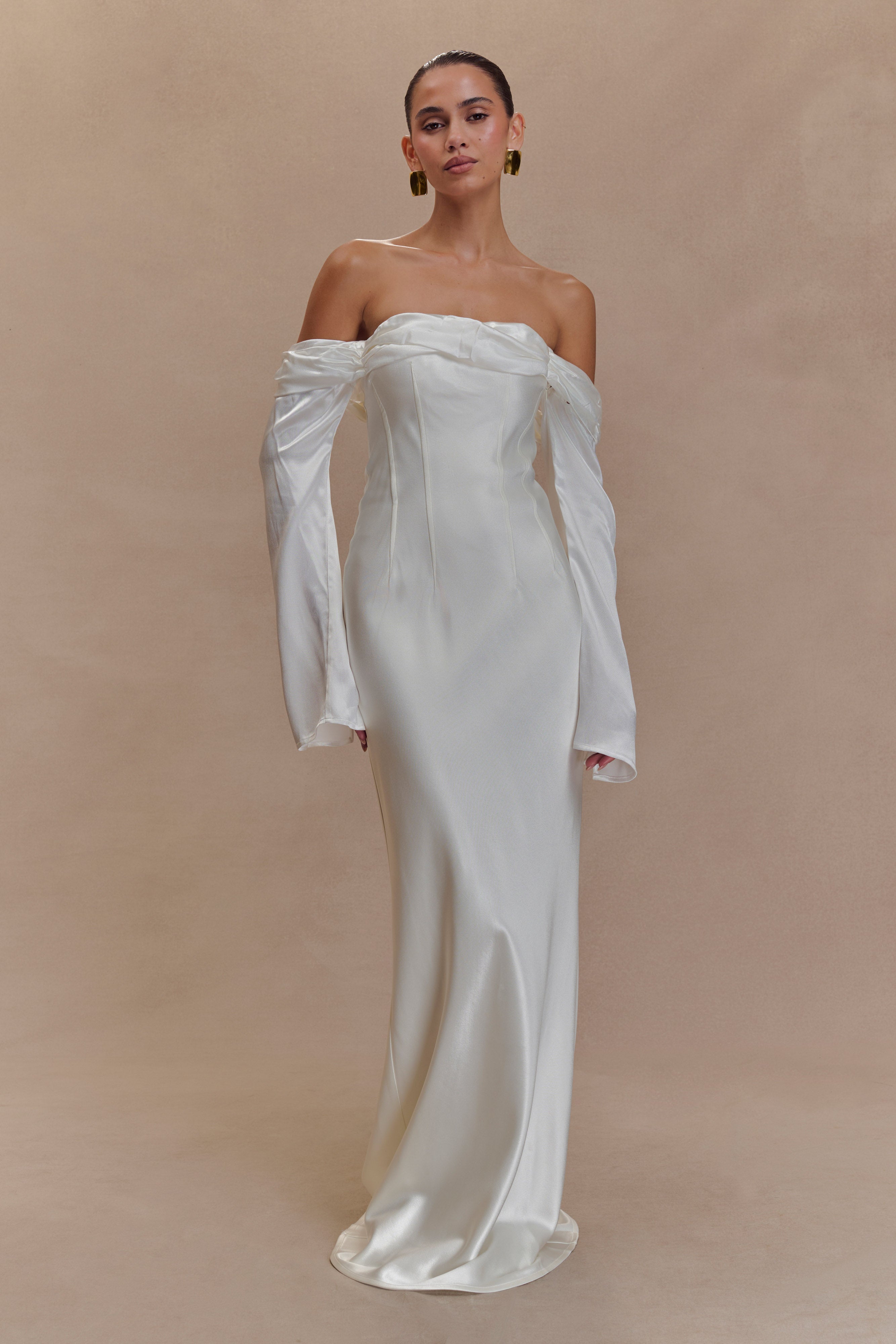 Off Shoulder Maxi Dress with Cowl Neck & Flared Sleeves | Giselle White
