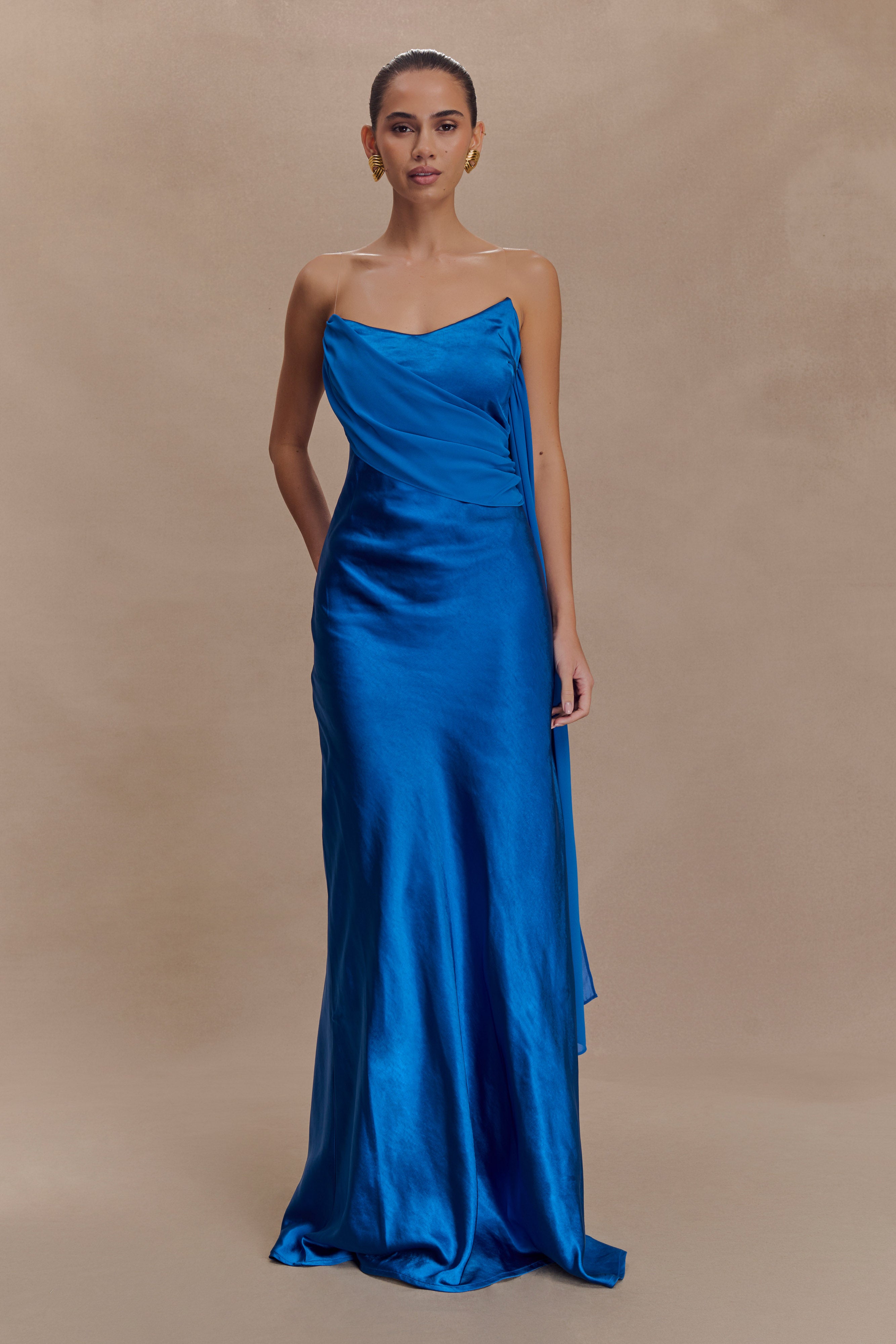 Satin & Chiffon Maxi Dress for Elegant Evenings | Carah Cobalt