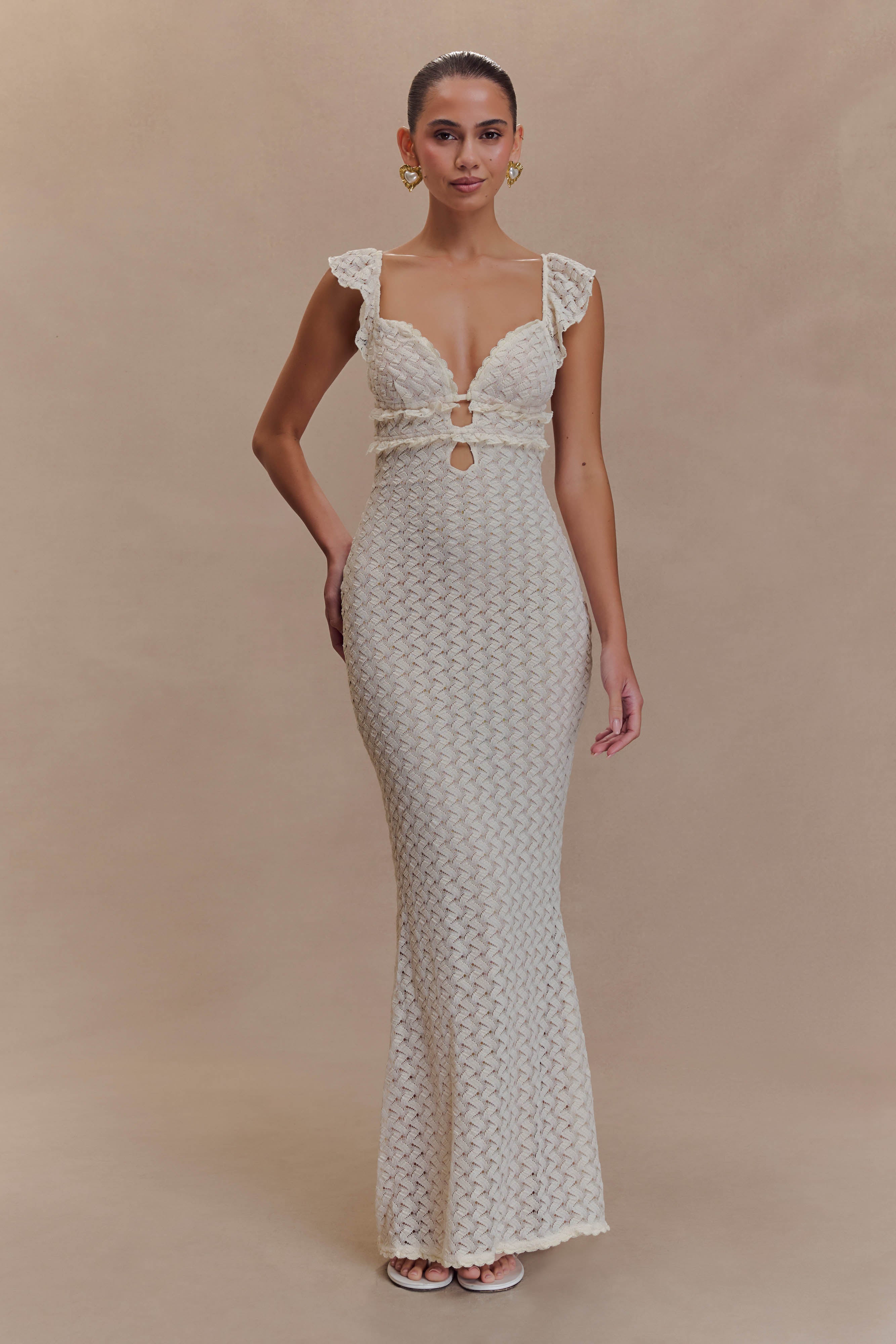 Lace Maxi Dress with V Neck & Flutter Sleeves | Ezra Ivory