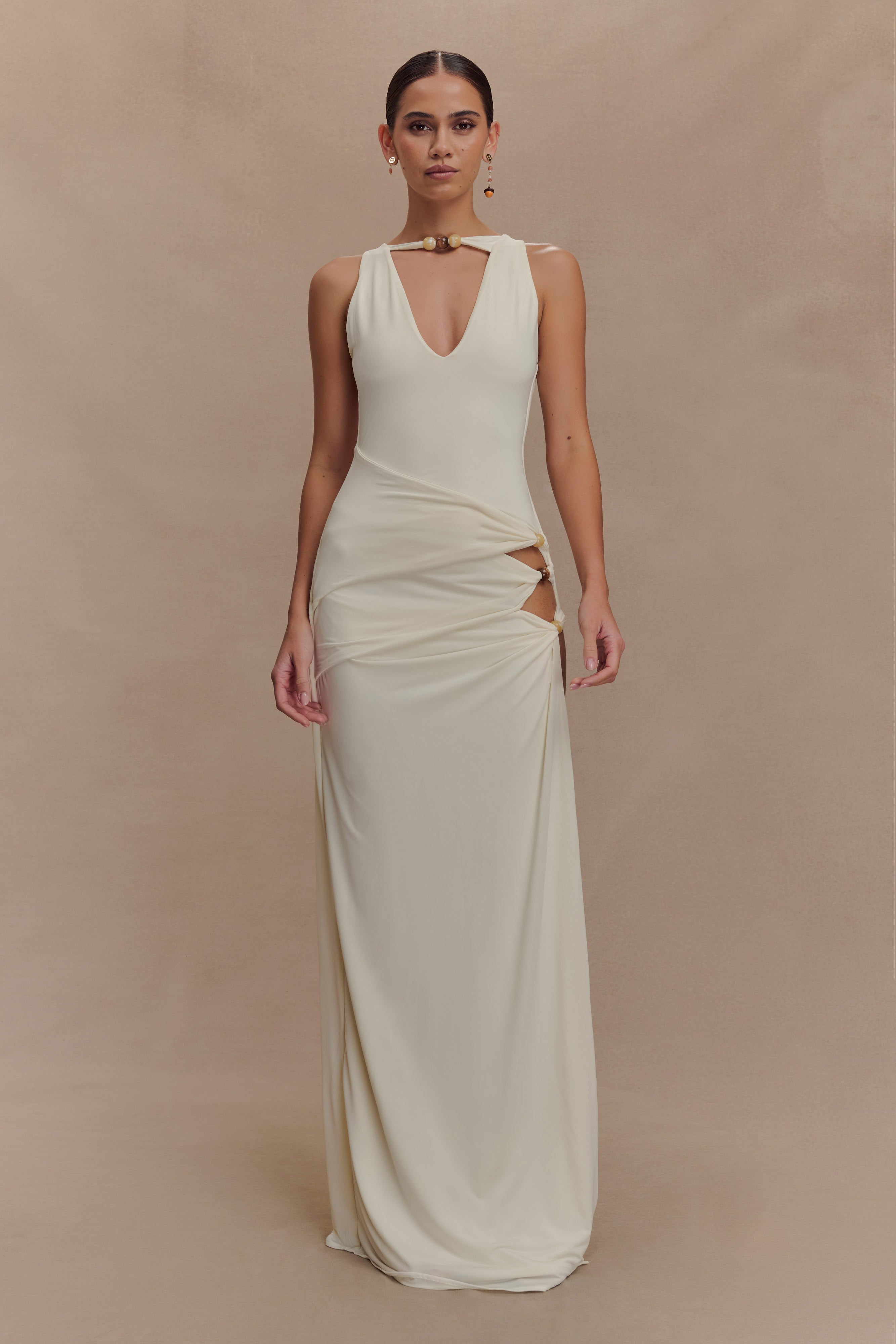 Beaded Maxi Dress with Deep Plunge & Side Split | Kaiden Ivory