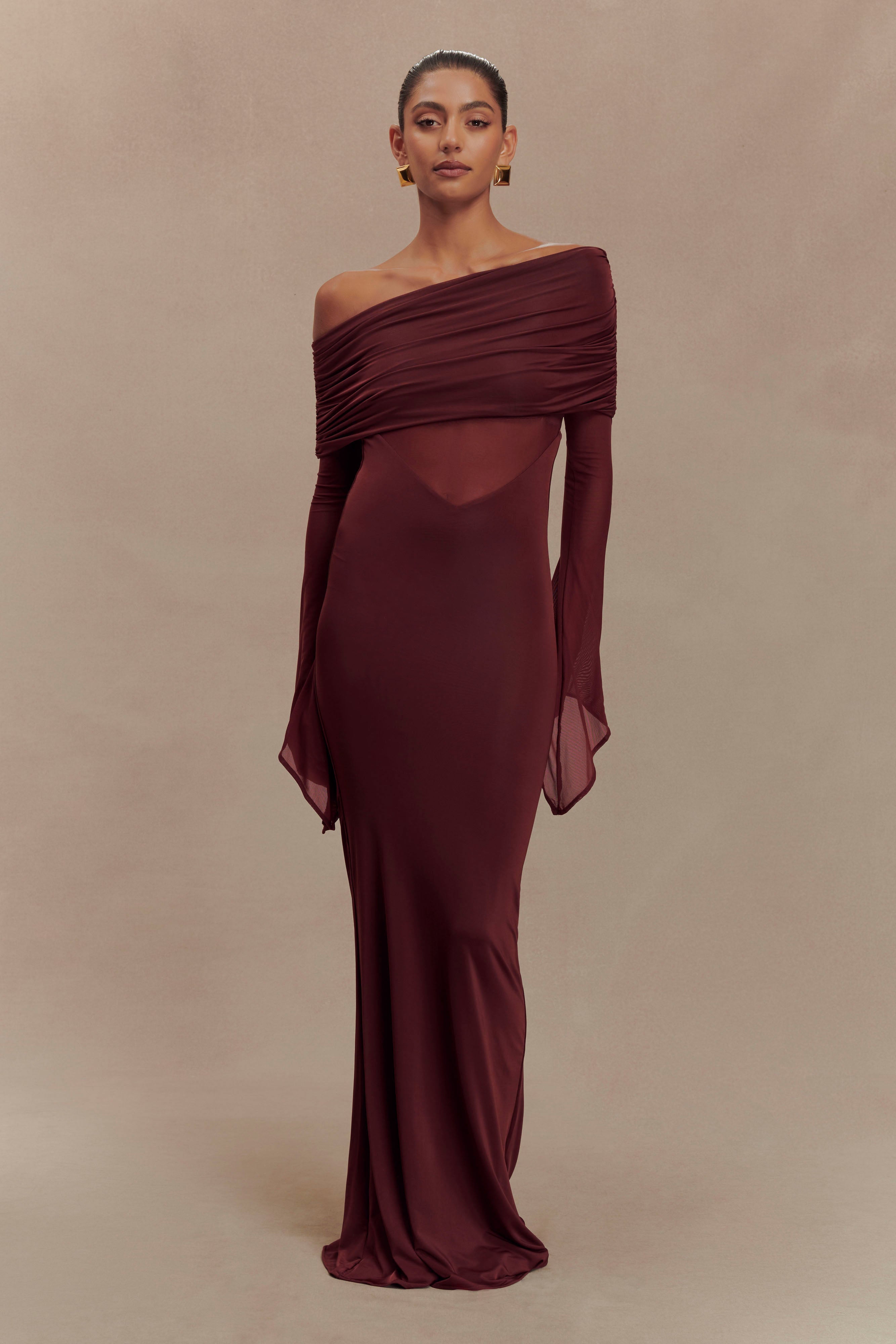 One Shoulder Slinky Mesh Maxi Dress with Ruching | Kaitlin