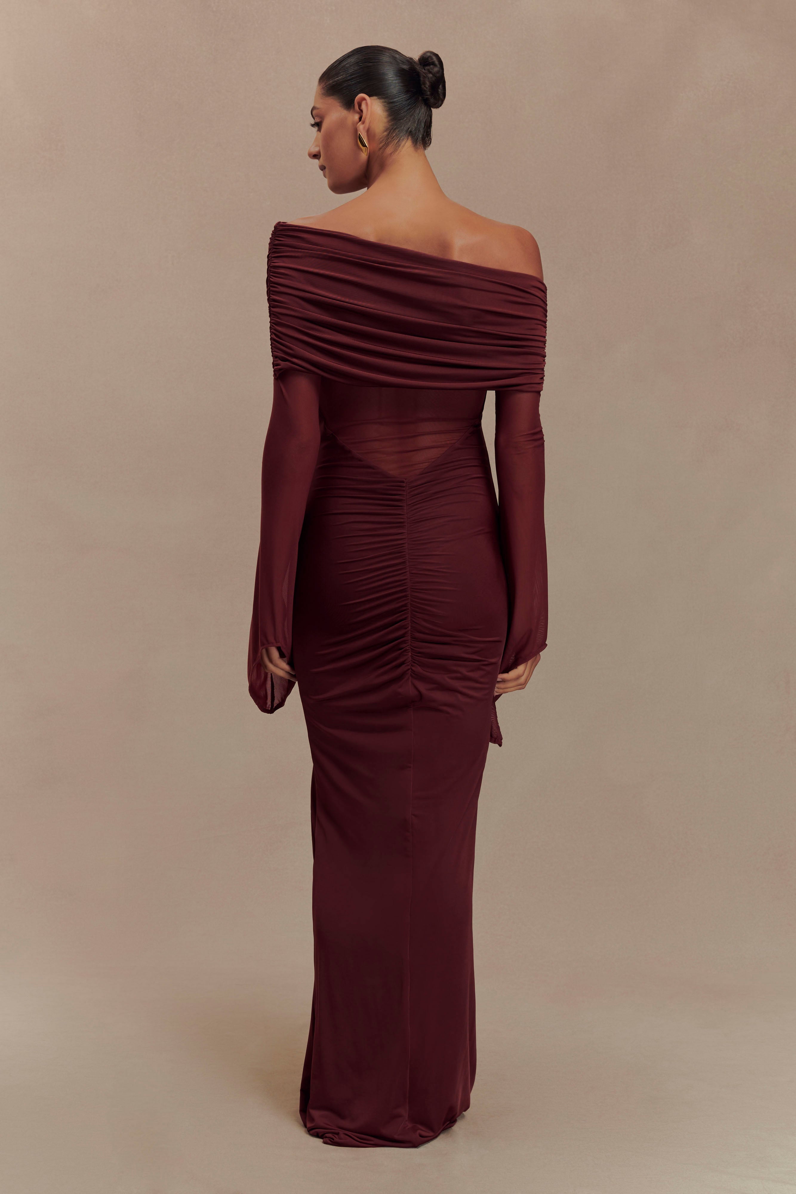 One Shoulder Slinky Mesh Maxi Dress with Ruching | Kaitlin