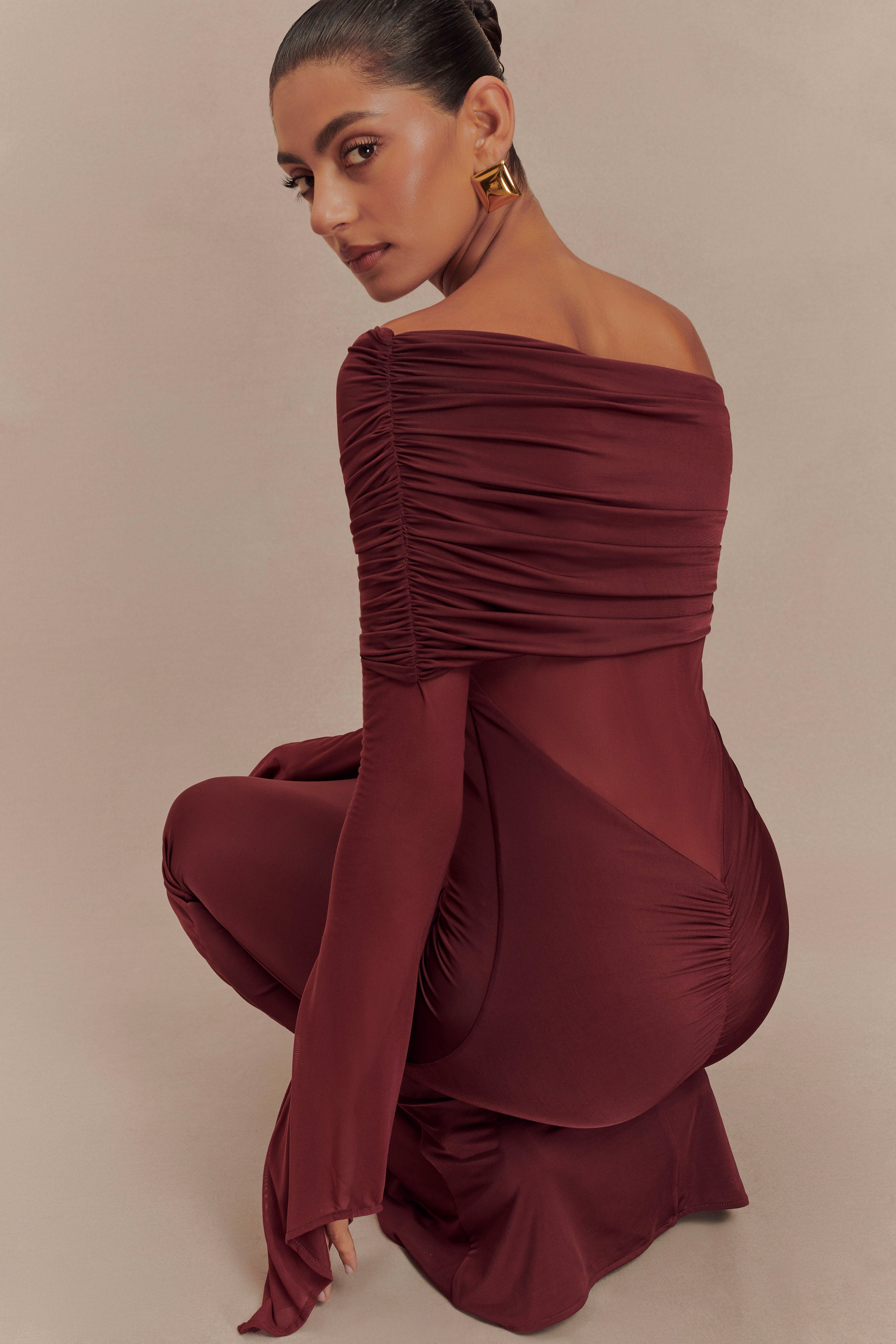One Shoulder Slinky Mesh Maxi Dress with Ruching | Kaitlin