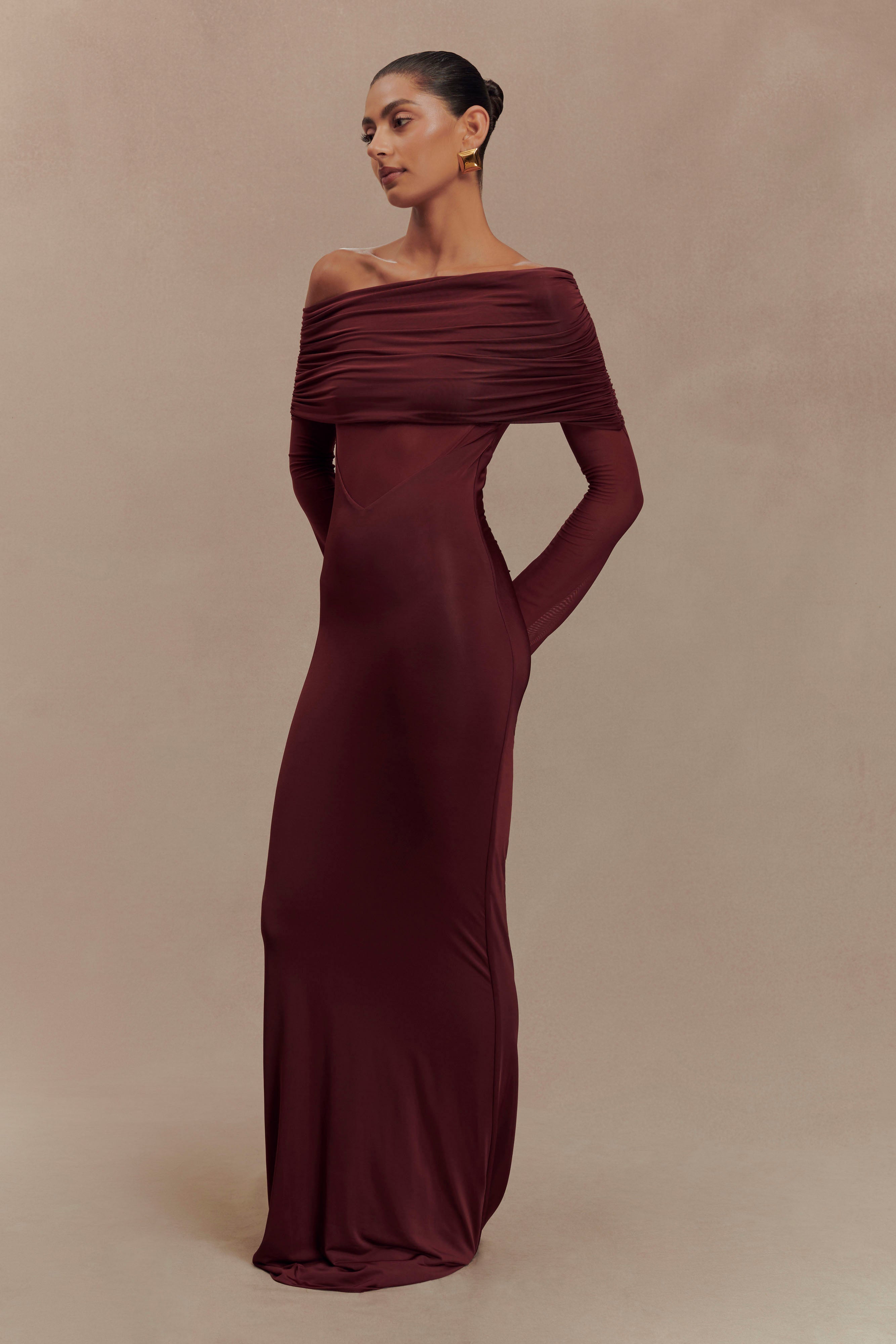 One Shoulder Slinky Mesh Maxi Dress with Ruching | Kaitlin