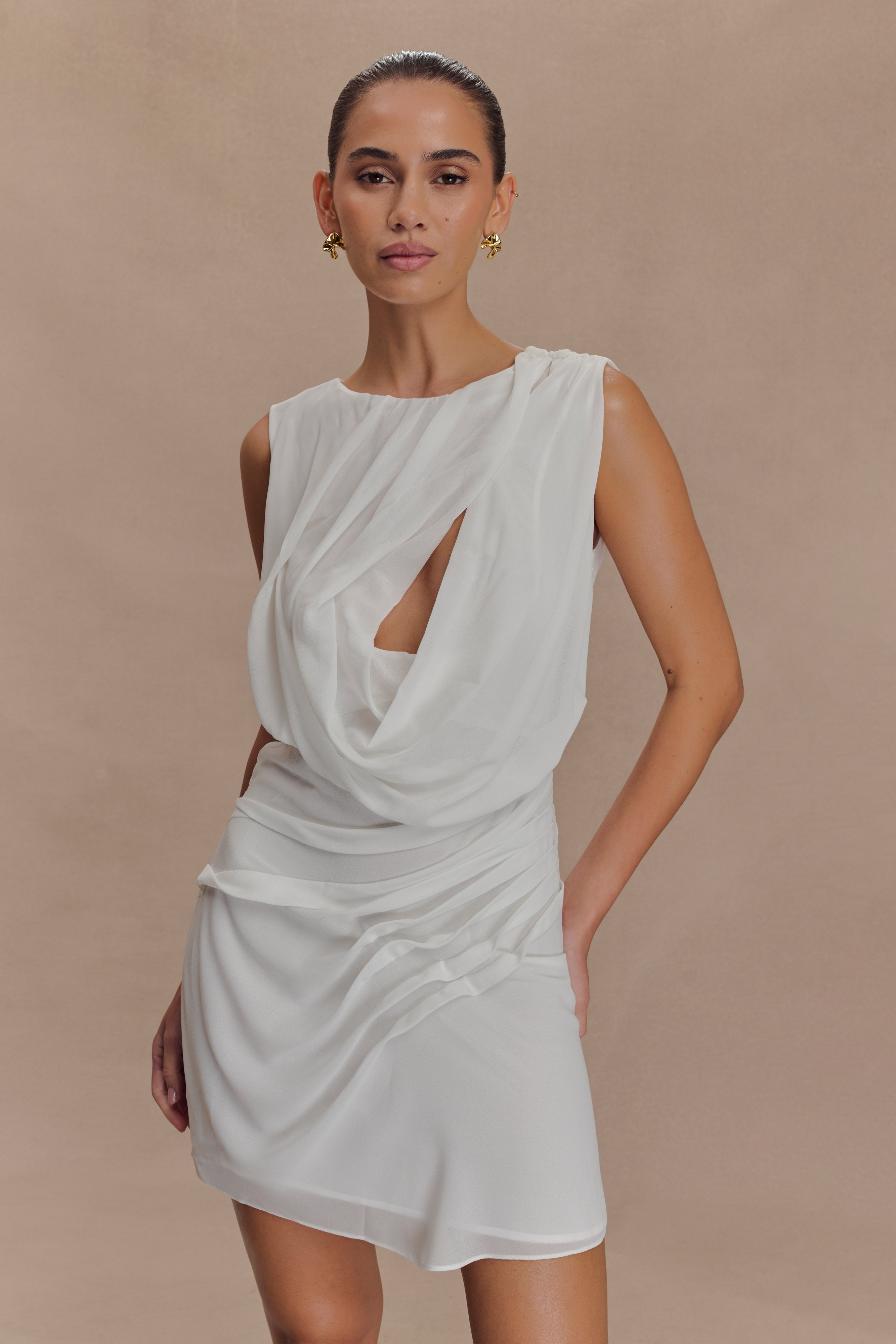 Chiffon Mini Dress with Asymmetrical Neckline & Open Back | Oria