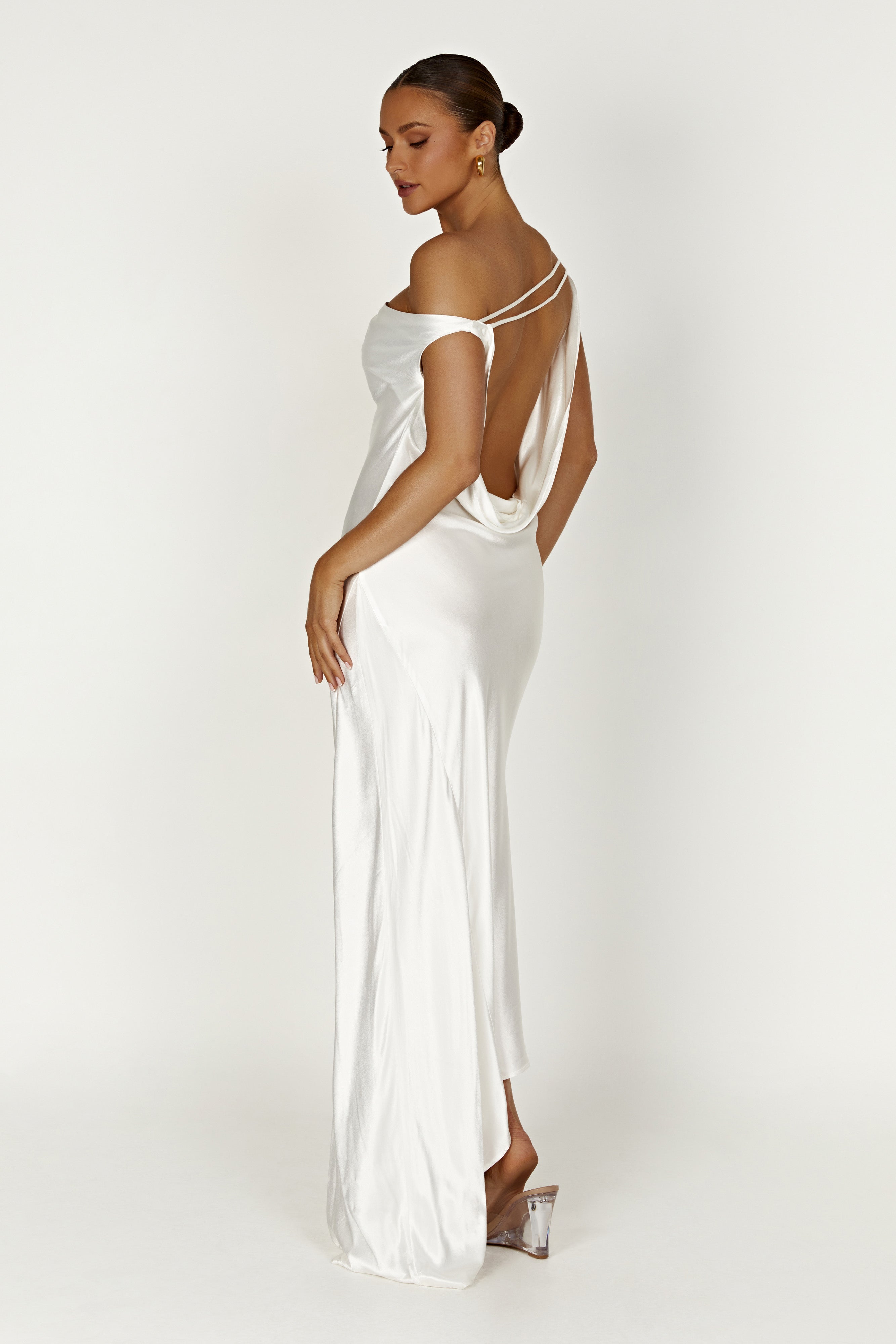 White Asymmetrical Slip Maxi Dress with Cowl Neck | Yvette