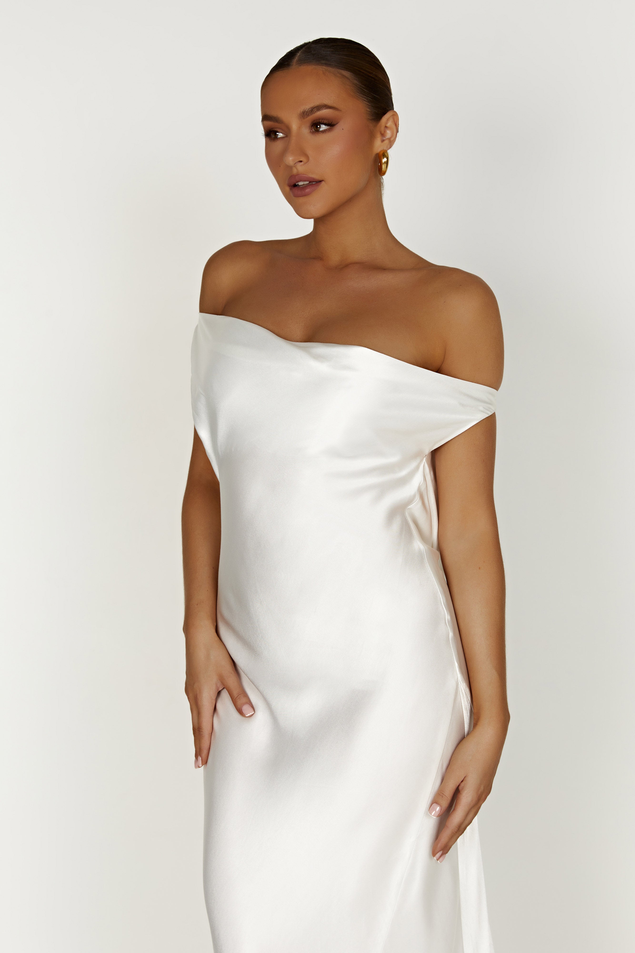 White Asymmetrical Slip Maxi Dress with Cowl Neck | Yvette