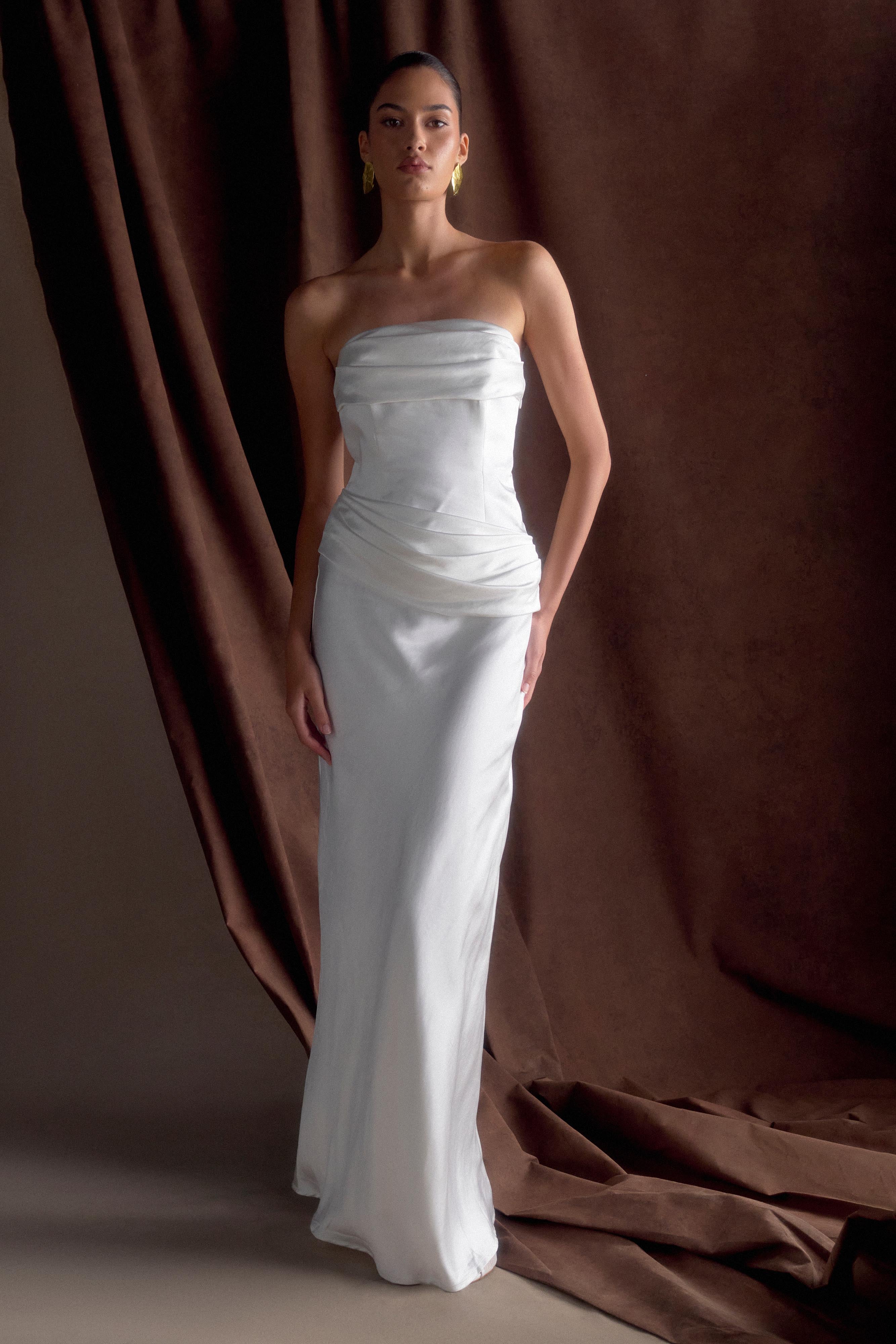Strapless Satin Maxi Dress with Boned Bodice | Jasmine
