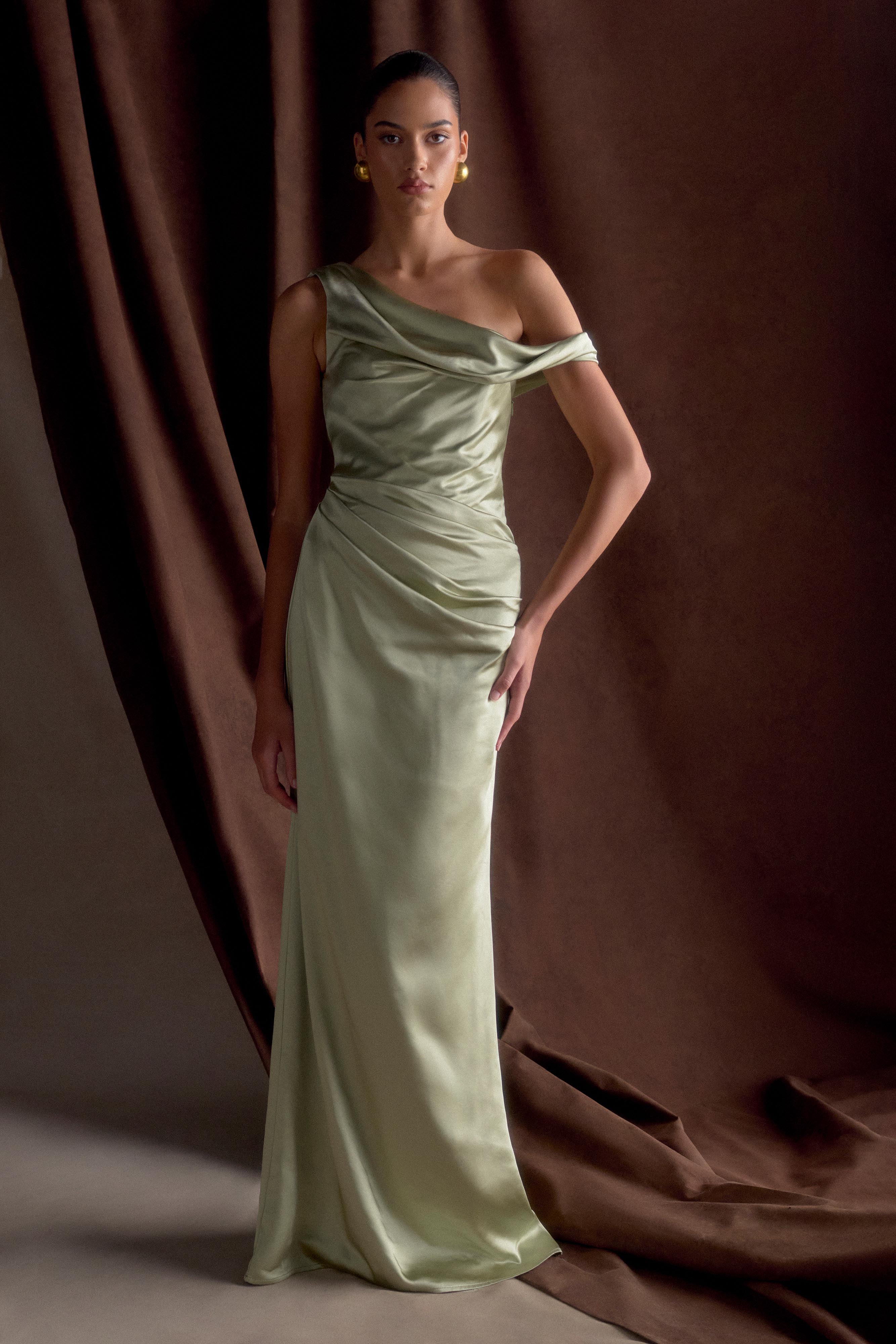 Off Shoulder Satin Maxi Dress with Boned Bodice | Dalia