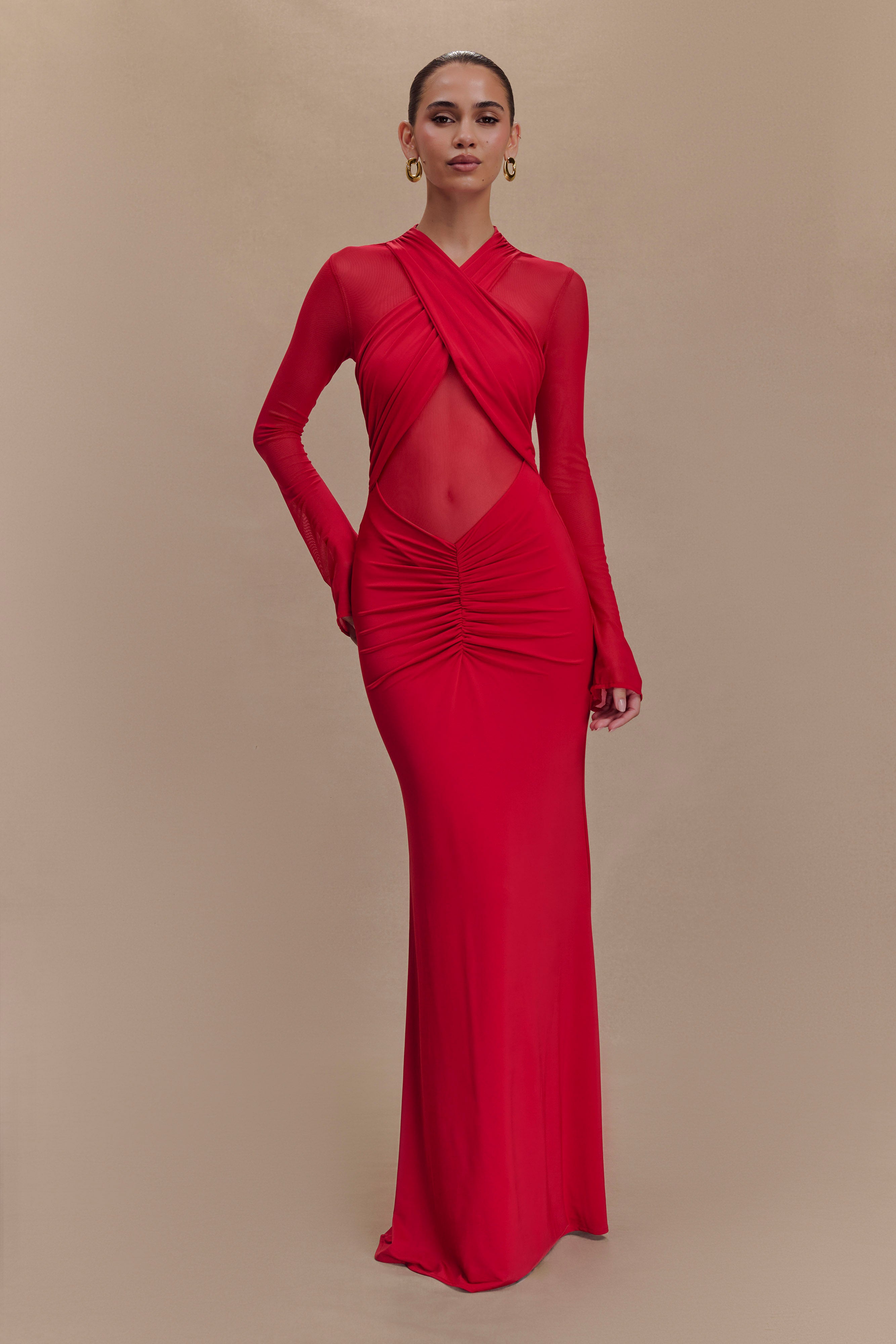 Slinky Mesh Long Sleeve Maxi Dress with Fishtail Hem | Tania Ruby