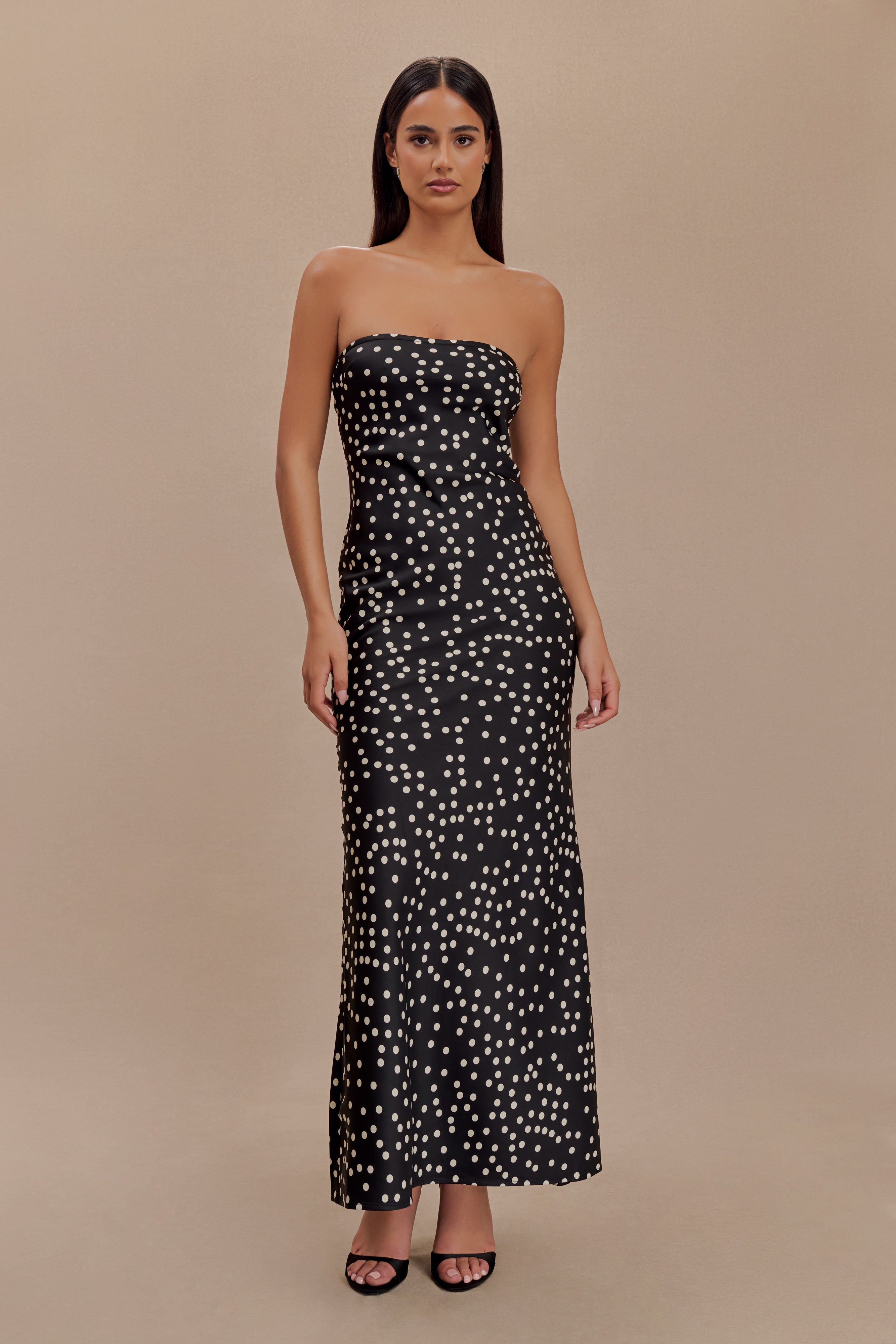 Strapless Satin Maxi Dress with Fishtail Hem | Claudette Black Polka Dot