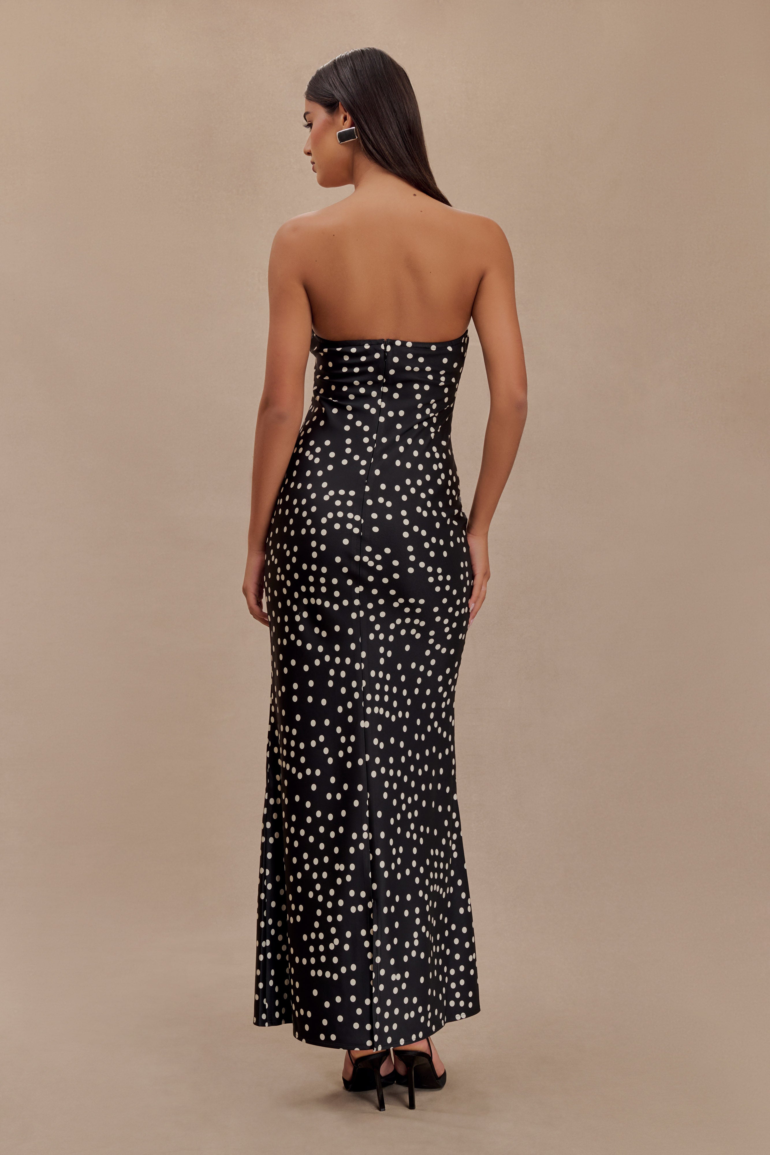 Strapless Satin Maxi Dress with Fishtail Hem | Claudette Black Polka Dot