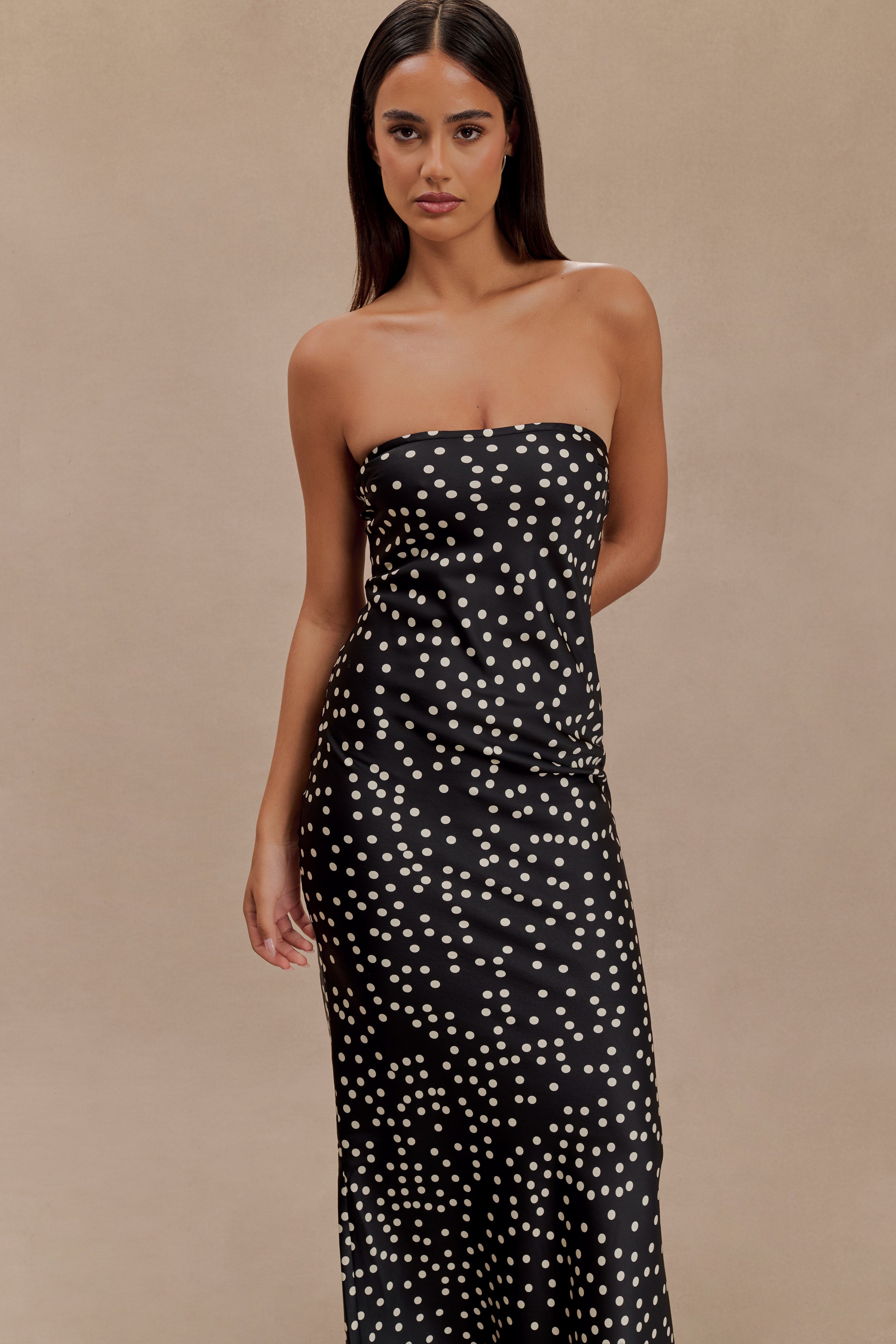Strapless Satin Maxi Dress with Fishtail Hem | Claudette Black Polka Dot