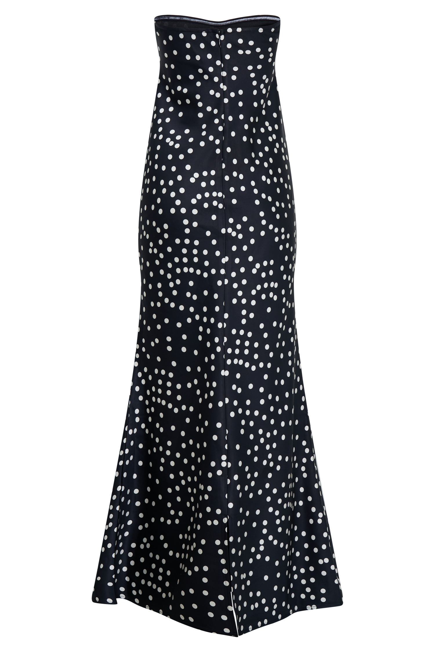 Strapless Satin Maxi Dress with Fishtail Hem | Claudette Black Polka Dot