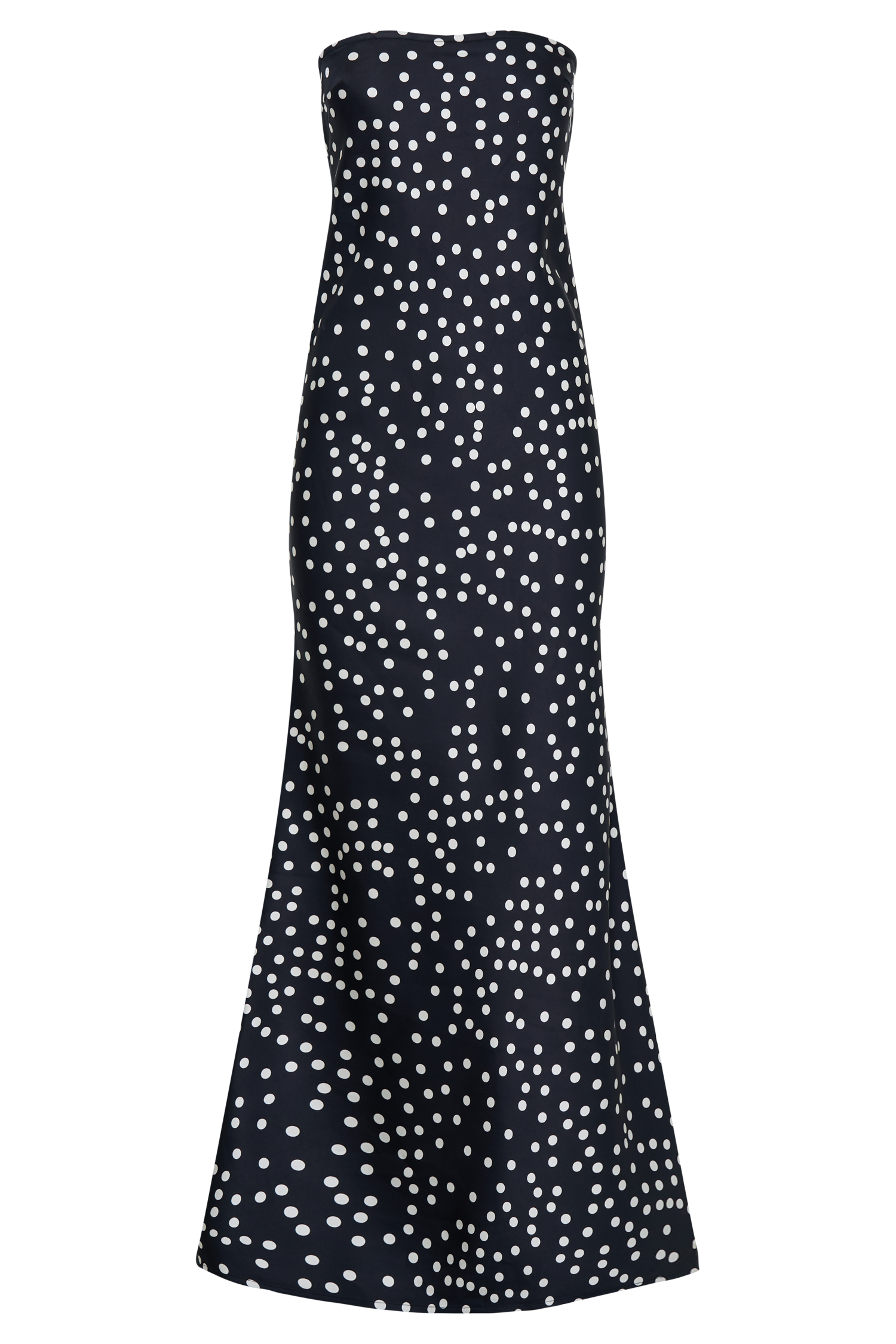 Strapless Satin Maxi Dress with Fishtail Hem | Claudette Black Polka Dot