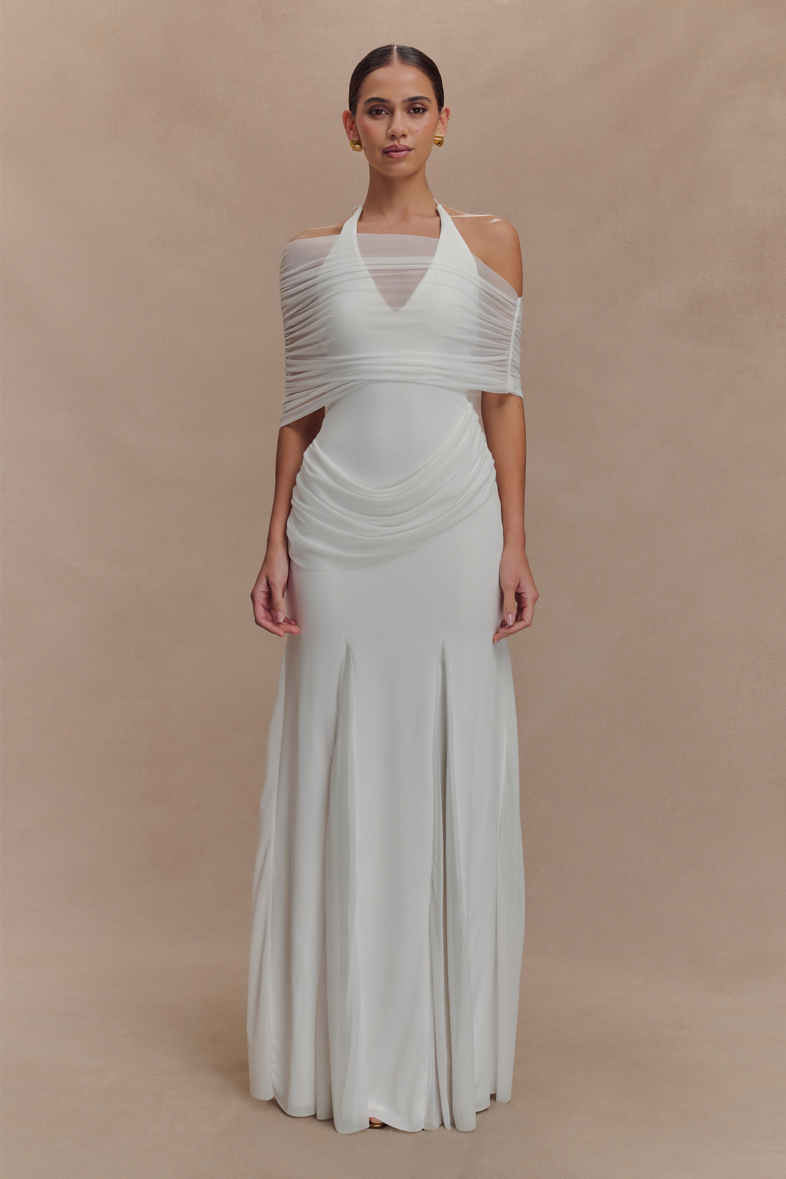 White Slinky Mesh Maxi Dress with Halter Neckline | Gabrielle