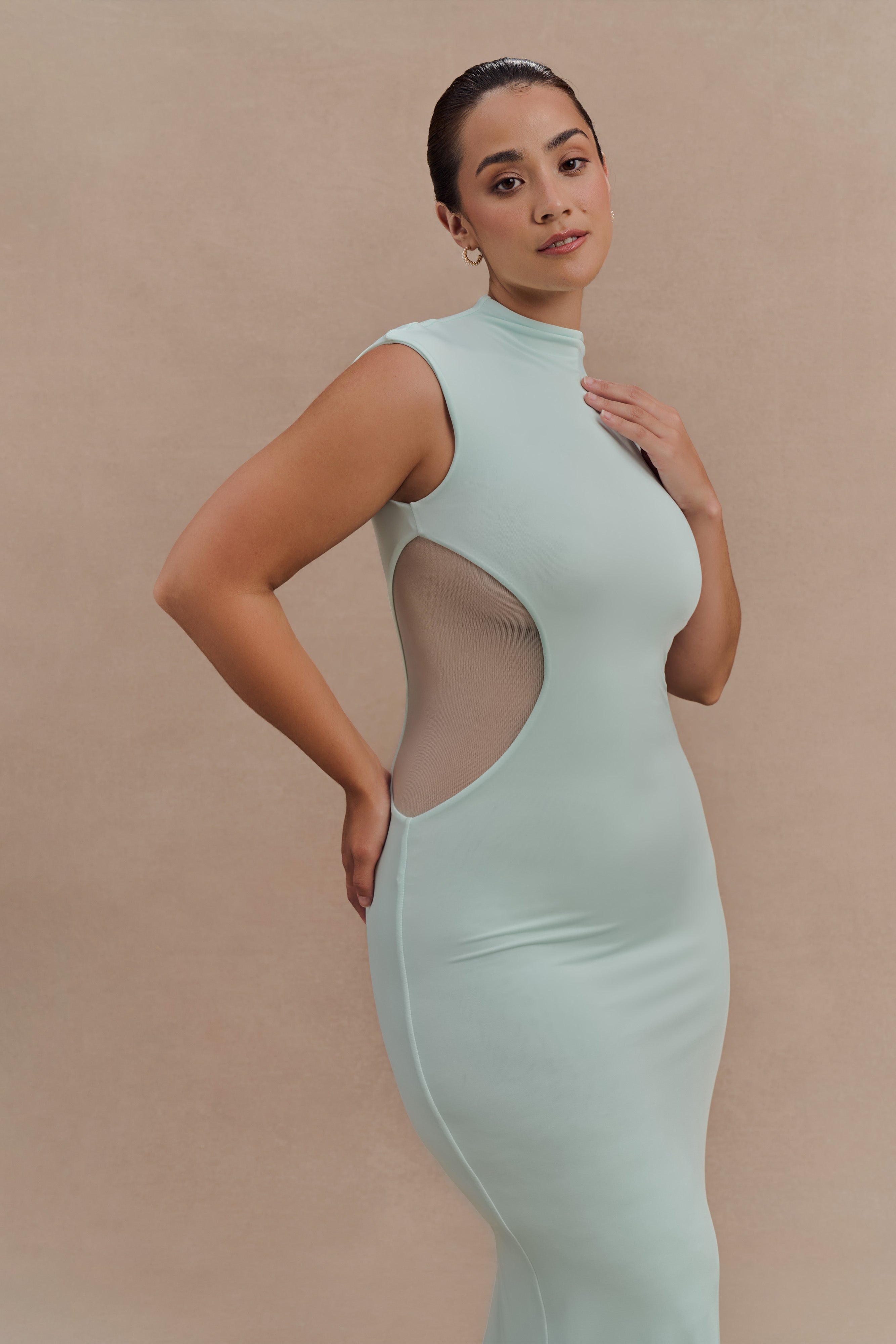 Bodycon Maxi Dress with Mesh Panels & Grown-On Neckline | Massie