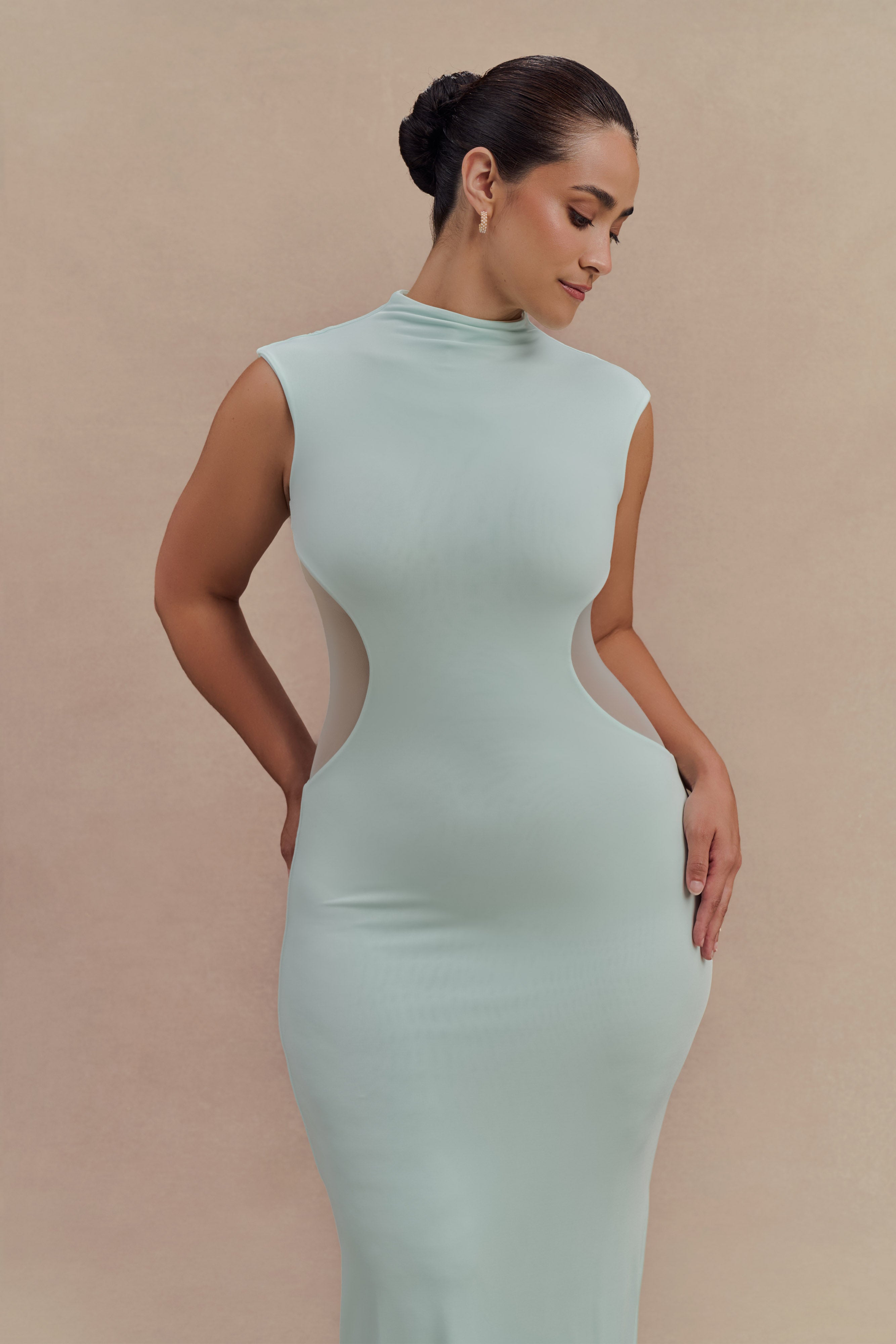 Bodycon Maxi Dress with Mesh Panels & Grown-On Neckline | Massie