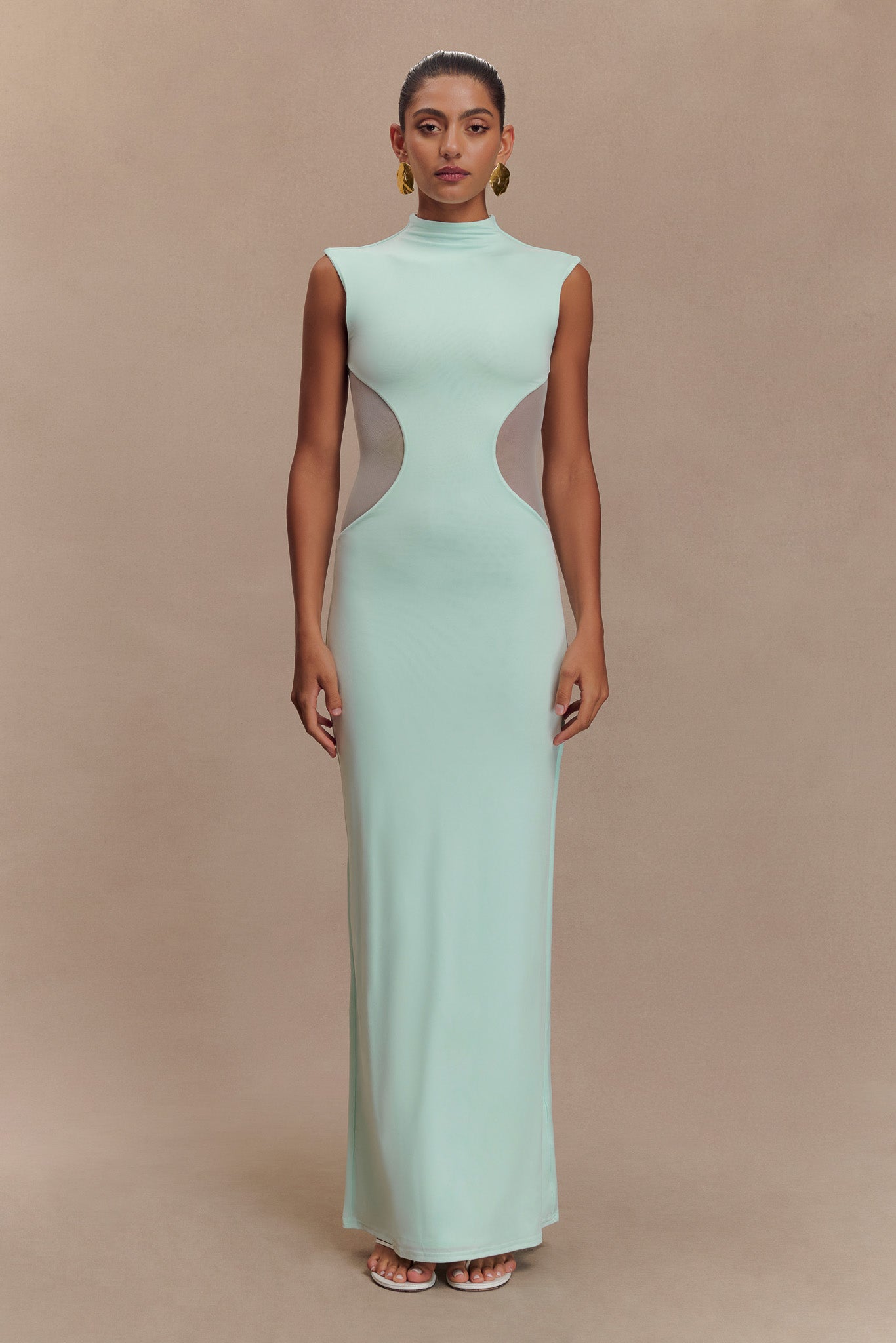 Bodycon Maxi Dress with Mesh Panels & Grown-On Neckline | Massie