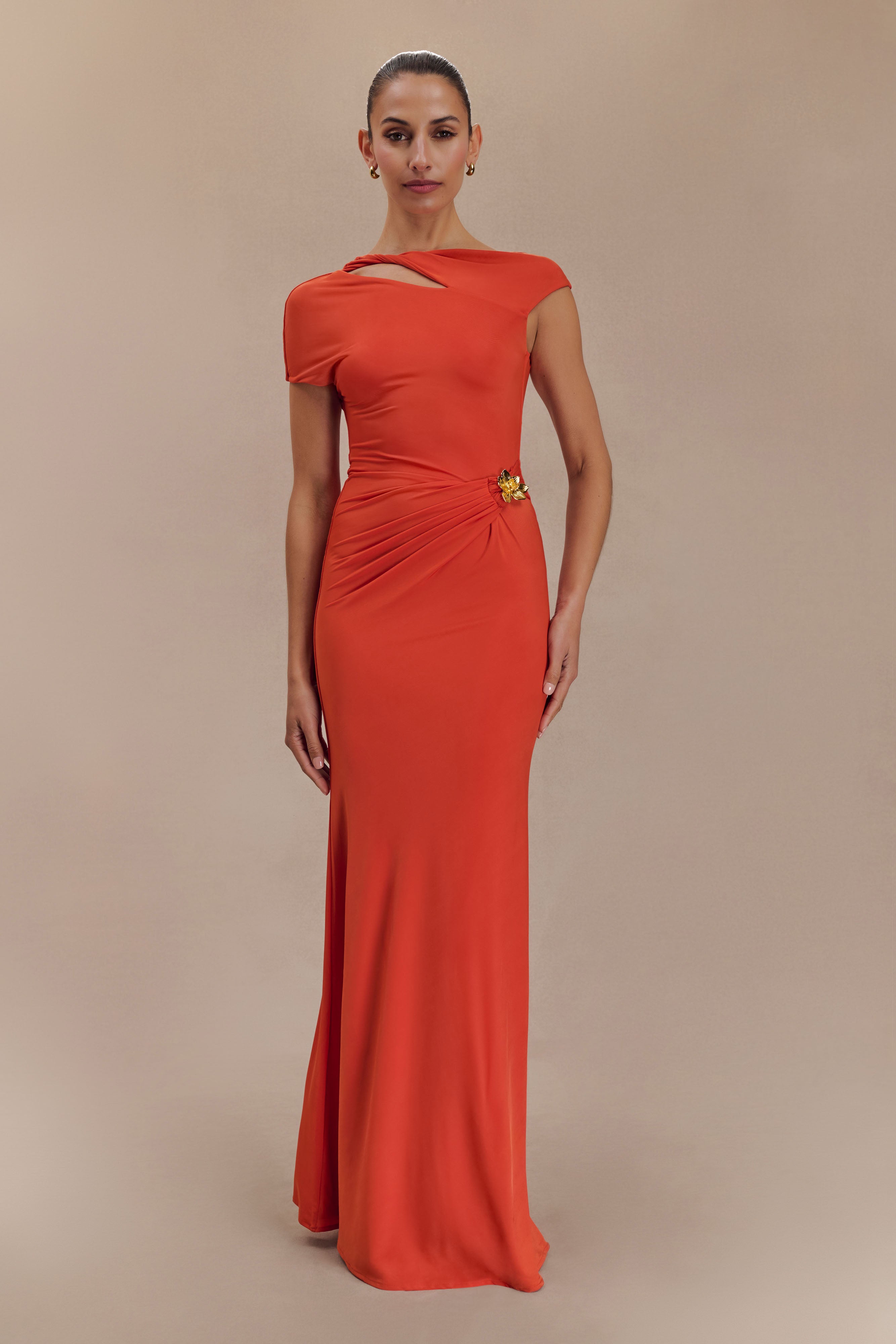 Slinky Maxi Dress with Asymmetrical Neckline & Hardware Detail | Kaida
