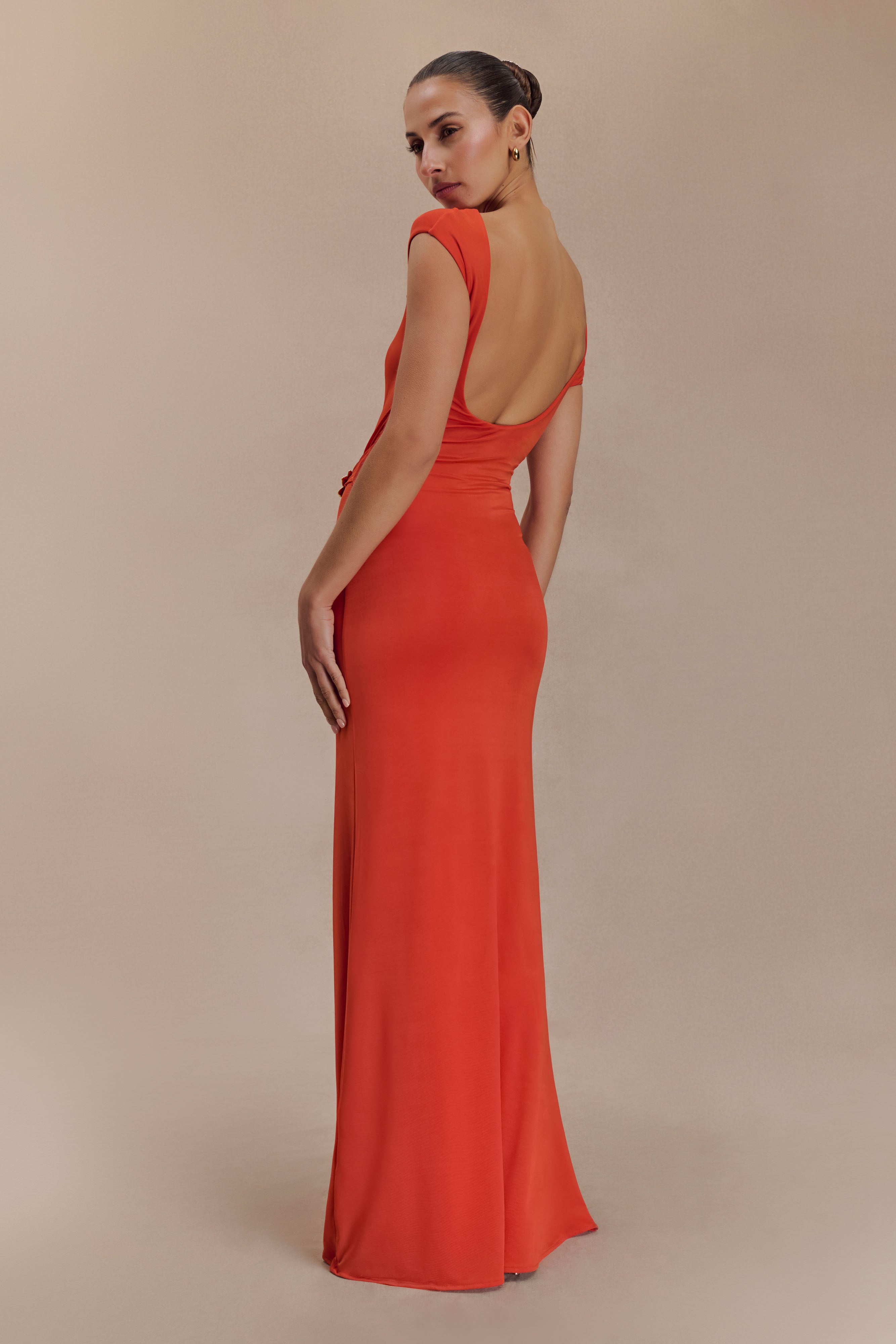 Slinky Maxi Dress with Asymmetrical Neckline & Hardware Detail | Kaida
