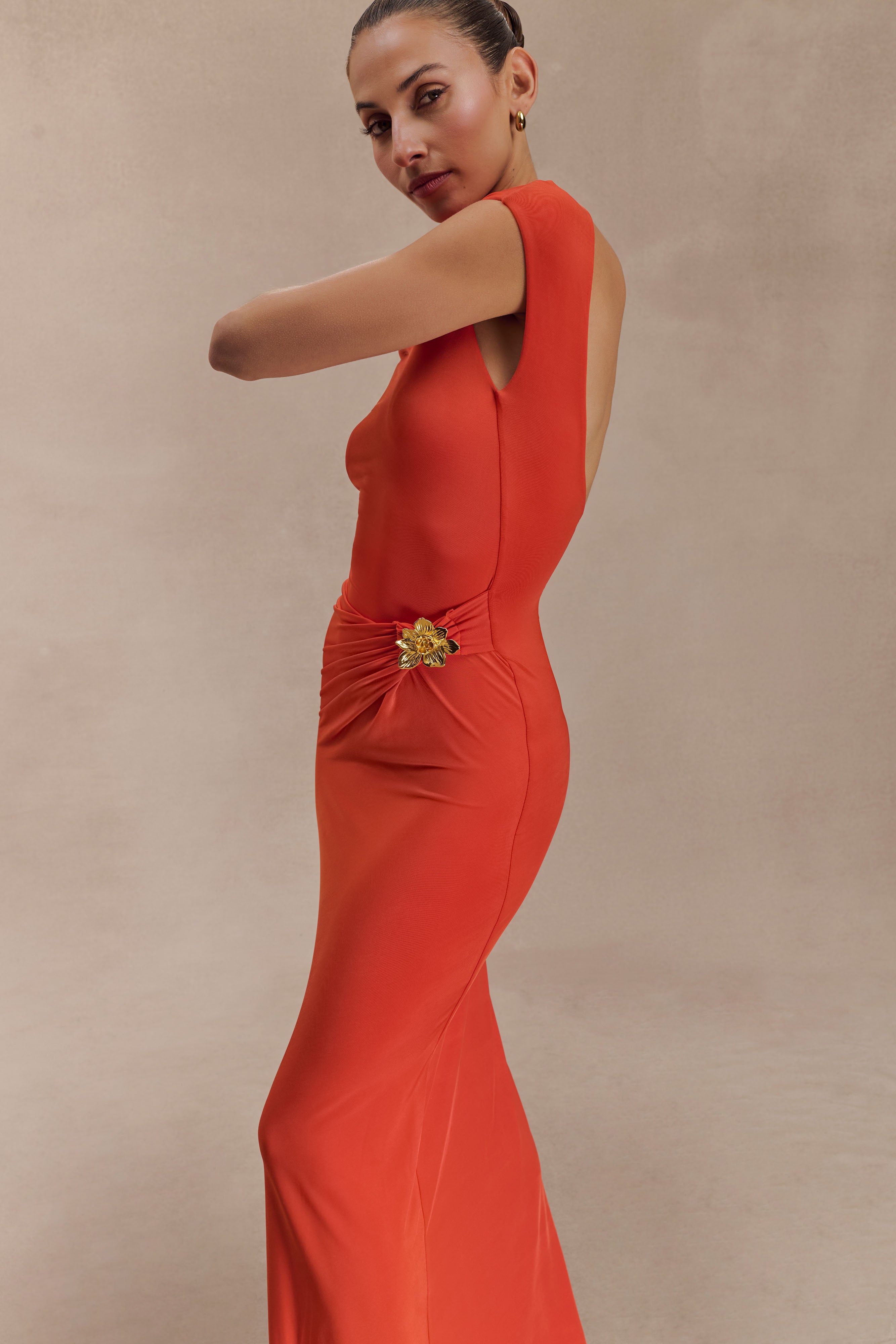 Slinky Maxi Dress with Asymmetrical Neckline & Hardware Detail | Kaida