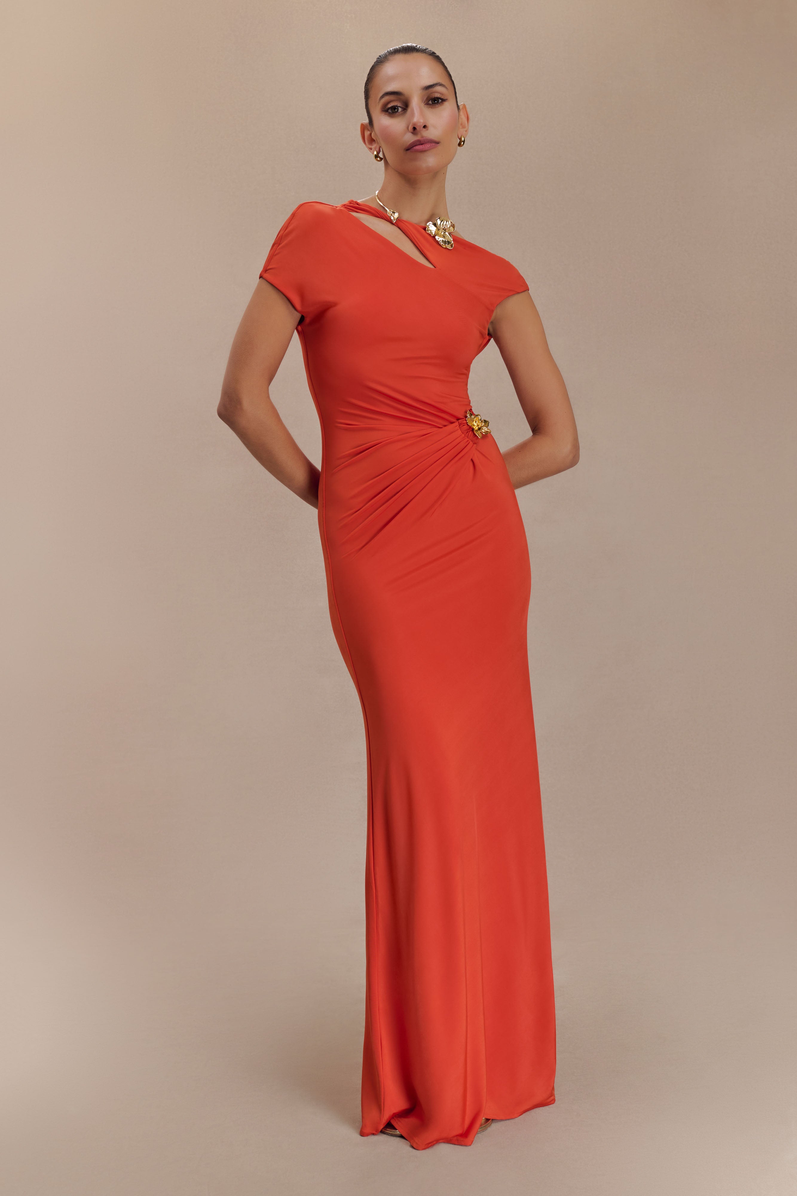 Slinky Maxi Dress with Asymmetrical Neckline & Hardware Detail | Kaida