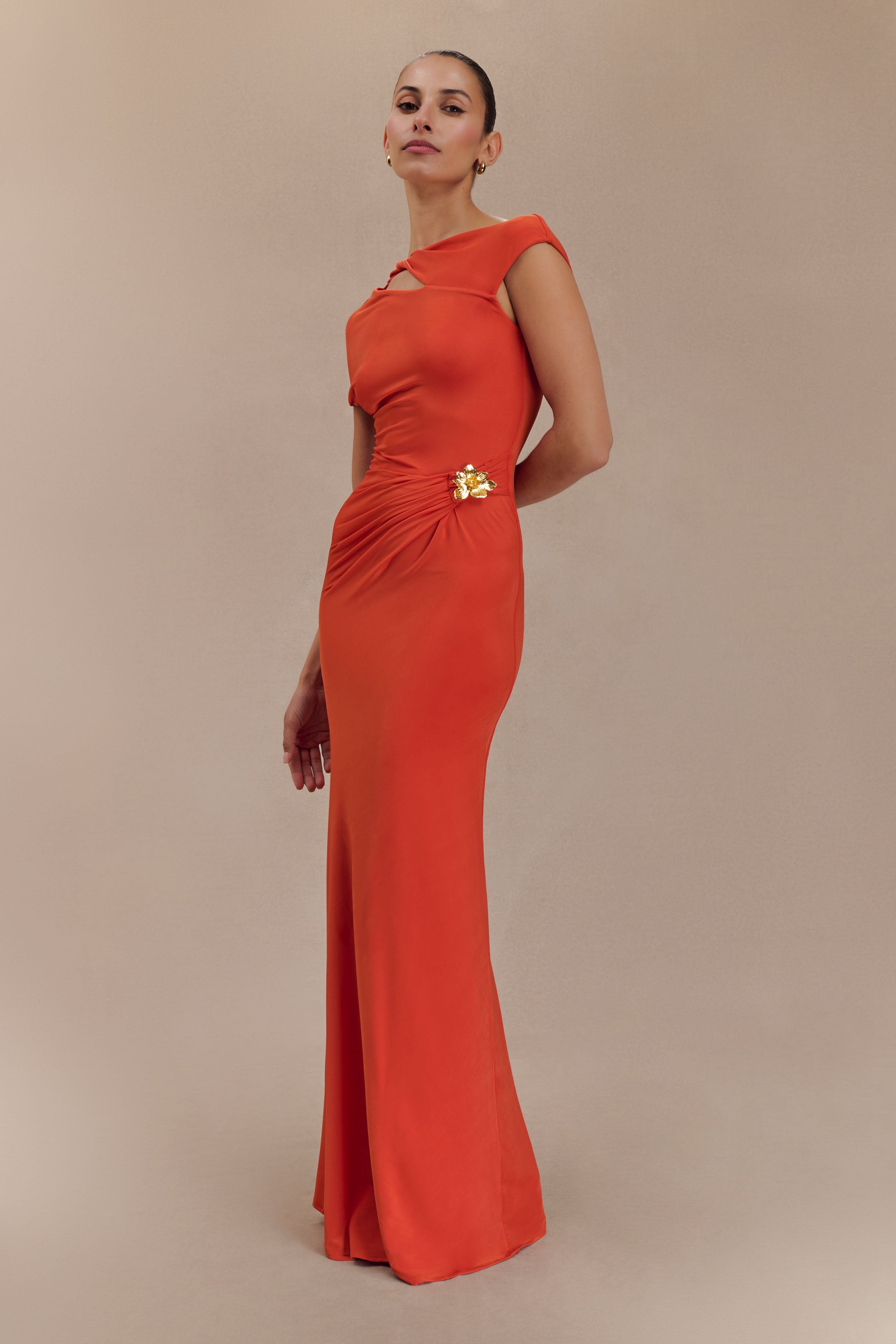 Slinky Maxi Dress with Asymmetrical Neckline & Hardware Detail | Kaida