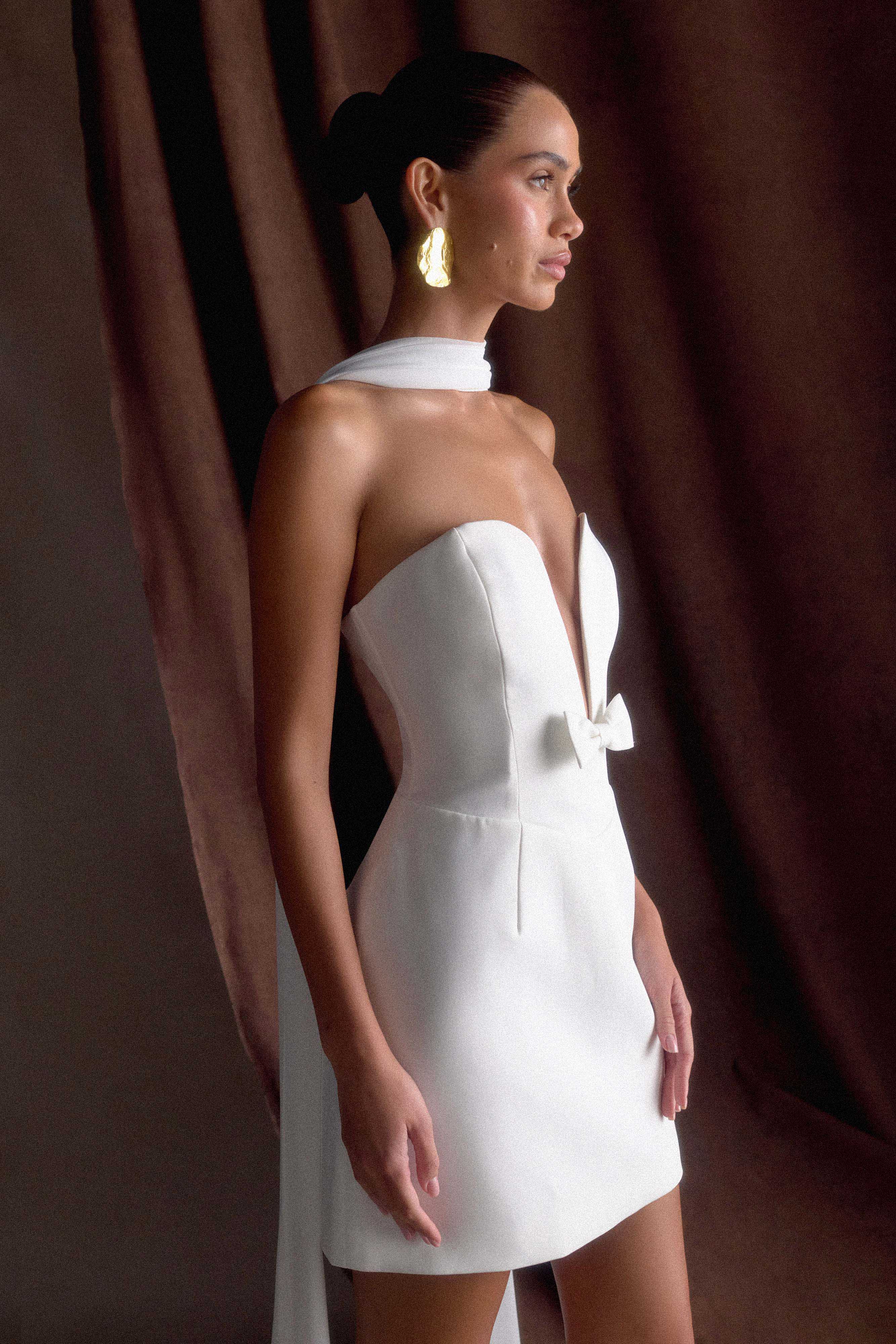 Strapless Mini Dress with Plunge Neckline & Bow Detail | Orellia Ivory