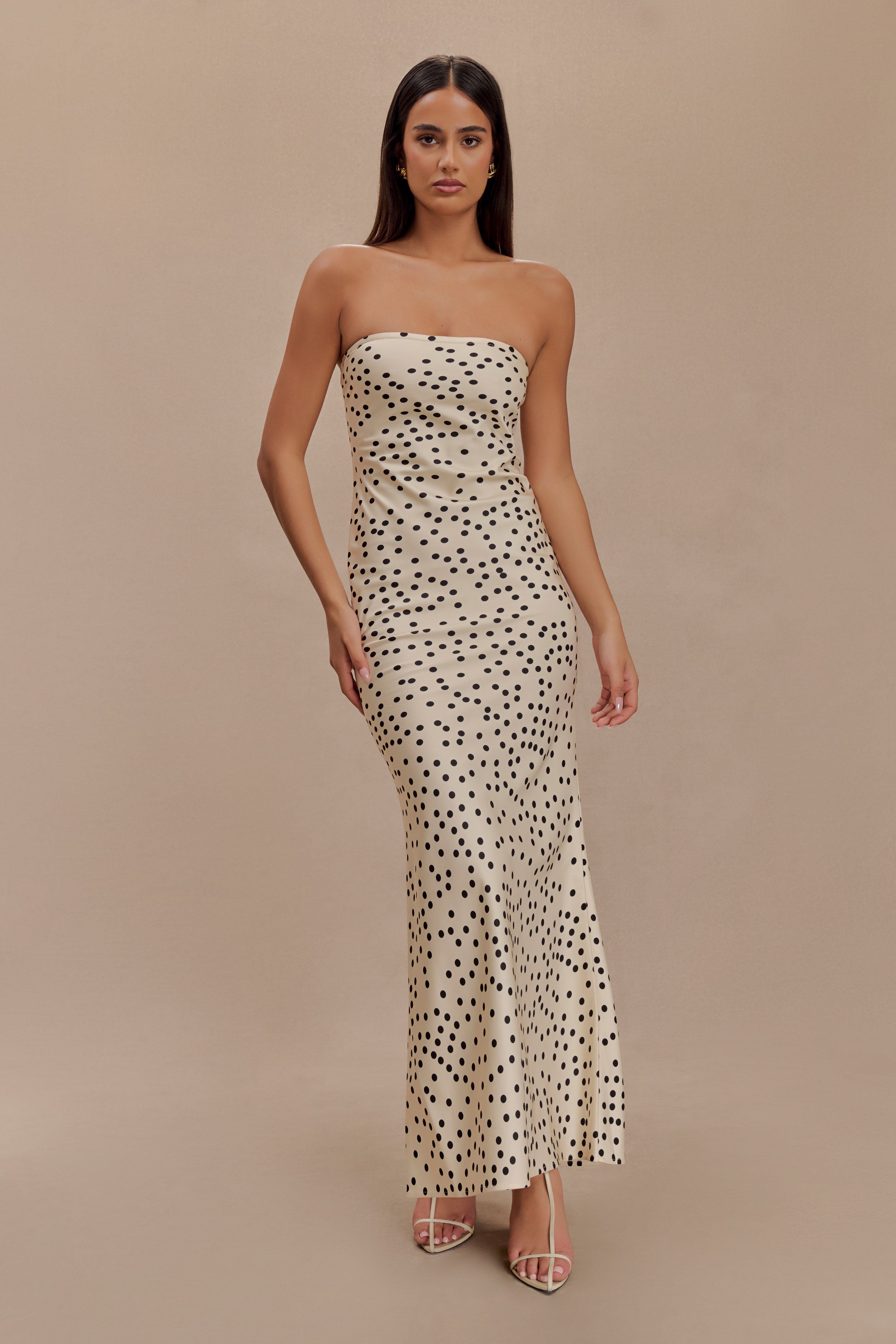 Strapless Satin Maxi Dress with Polka Dot Print | Claudette