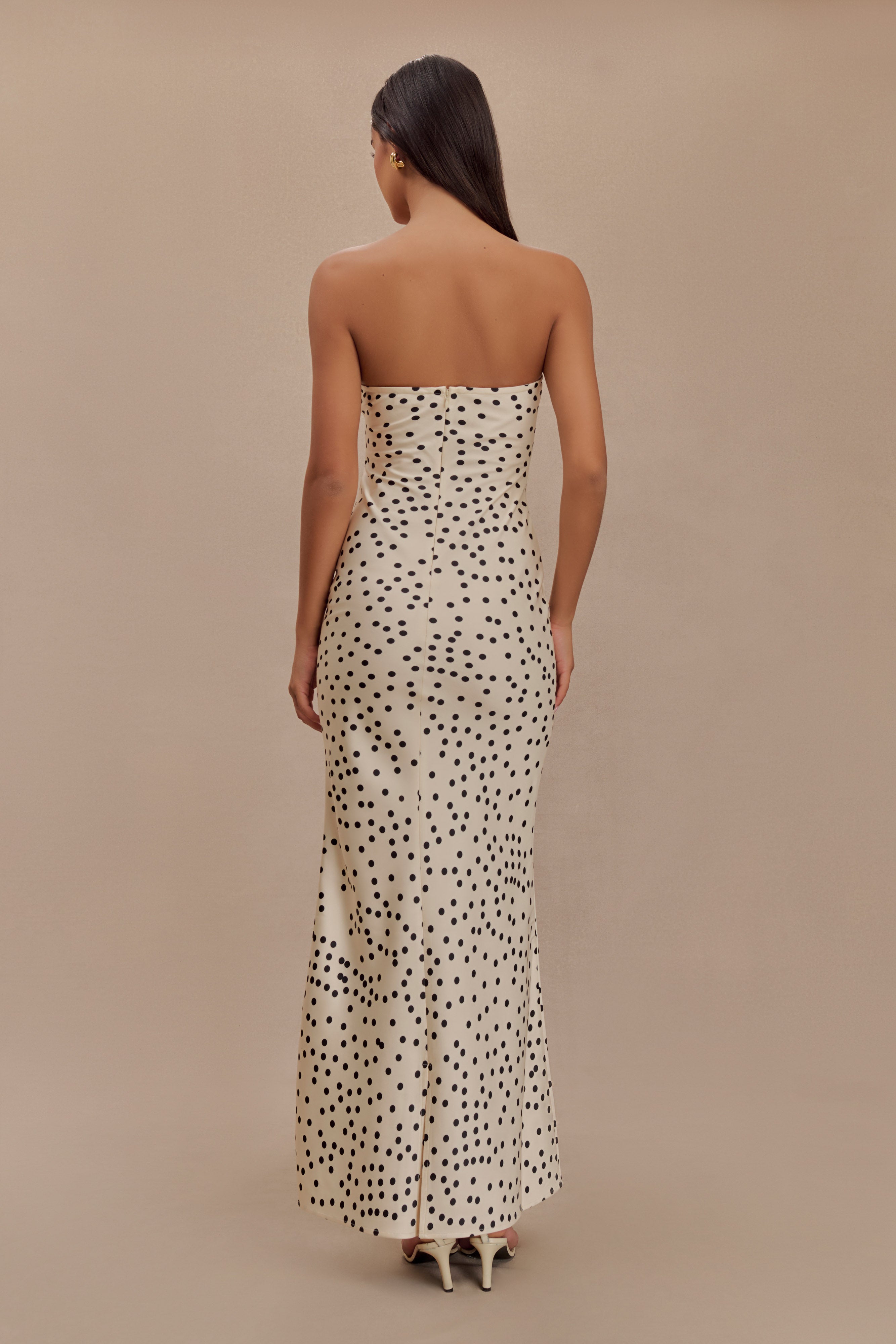 Strapless Satin Maxi Dress with Polka Dot Print | Claudette
